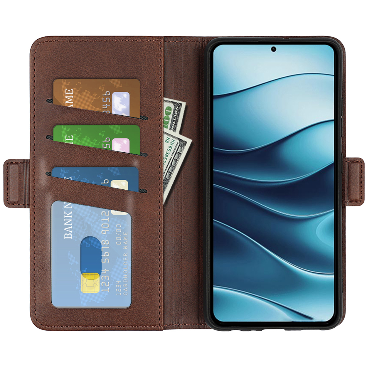 Étui de téléphone marron, avec cartes et argent liquide à l'intérieur. Le téléphone affiche une image bleue et blanche.
