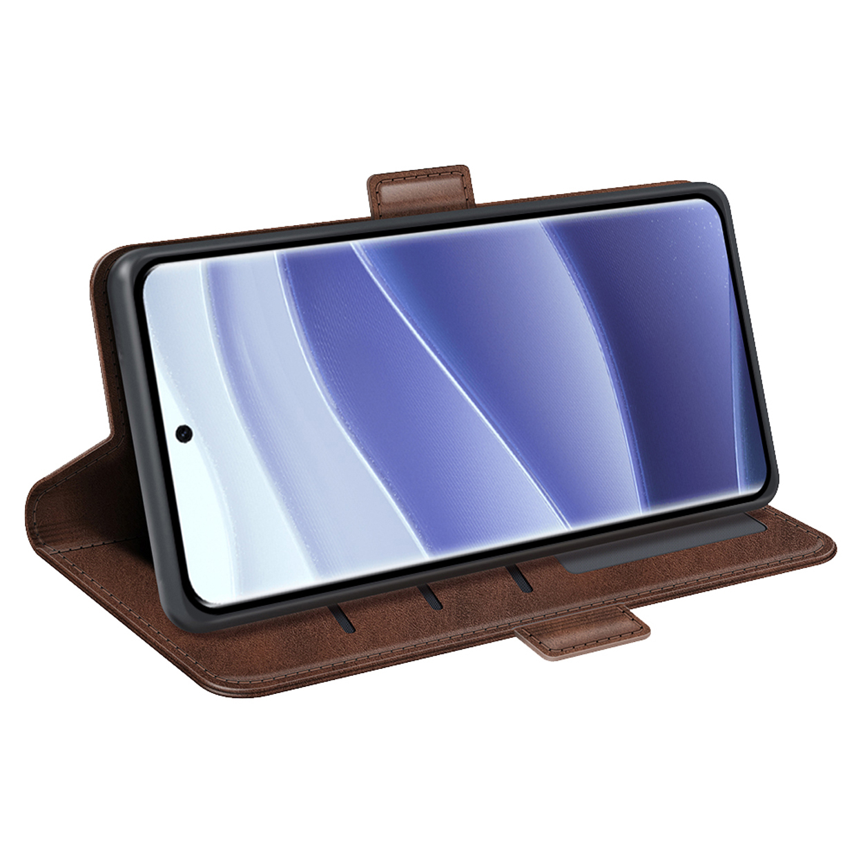 Bruine telefoonhoes open. Toont telefoonscherm. Hoes is van leerachtig materiaal.