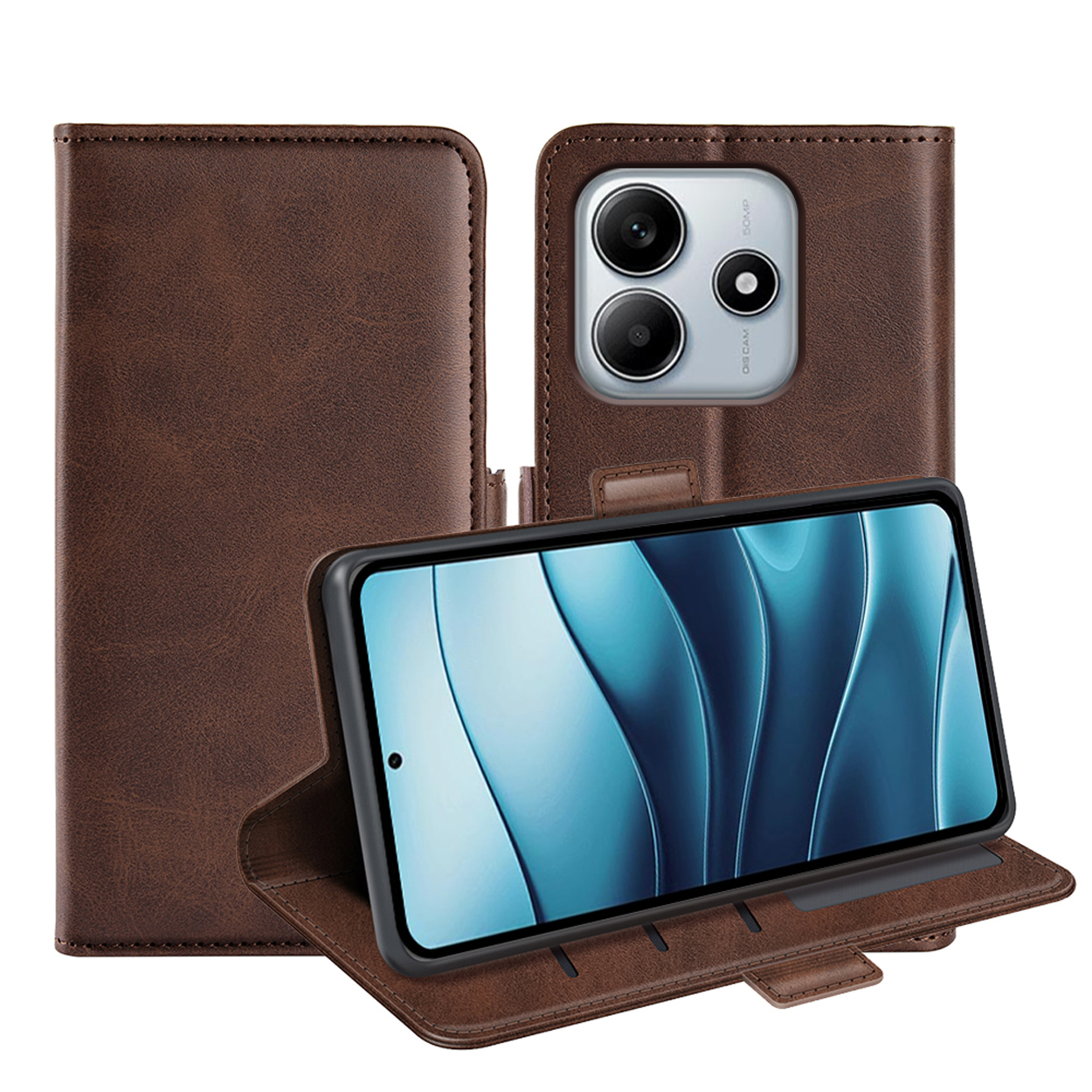 Étui de téléphone marron avec téléphone à l'intérieur. Le téléphone est à droite. L'étui est en cuir.