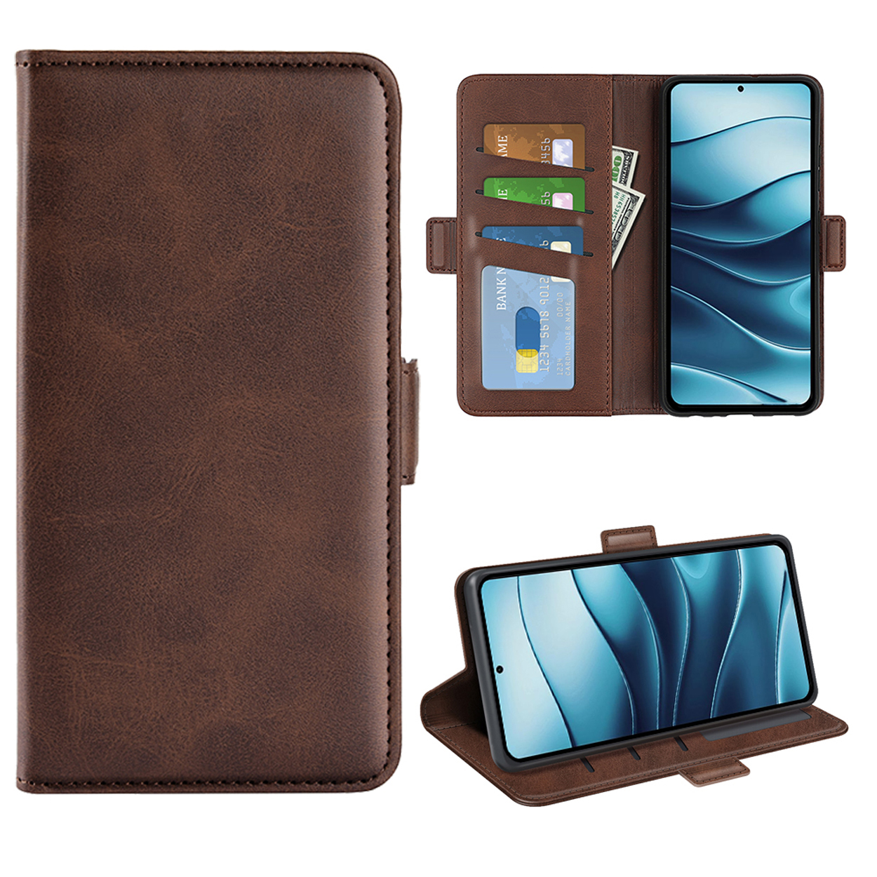 Étui de téléphone marron ouvert, avec cartes et argent liquide à l'intérieur. Le téléphone est à droite.