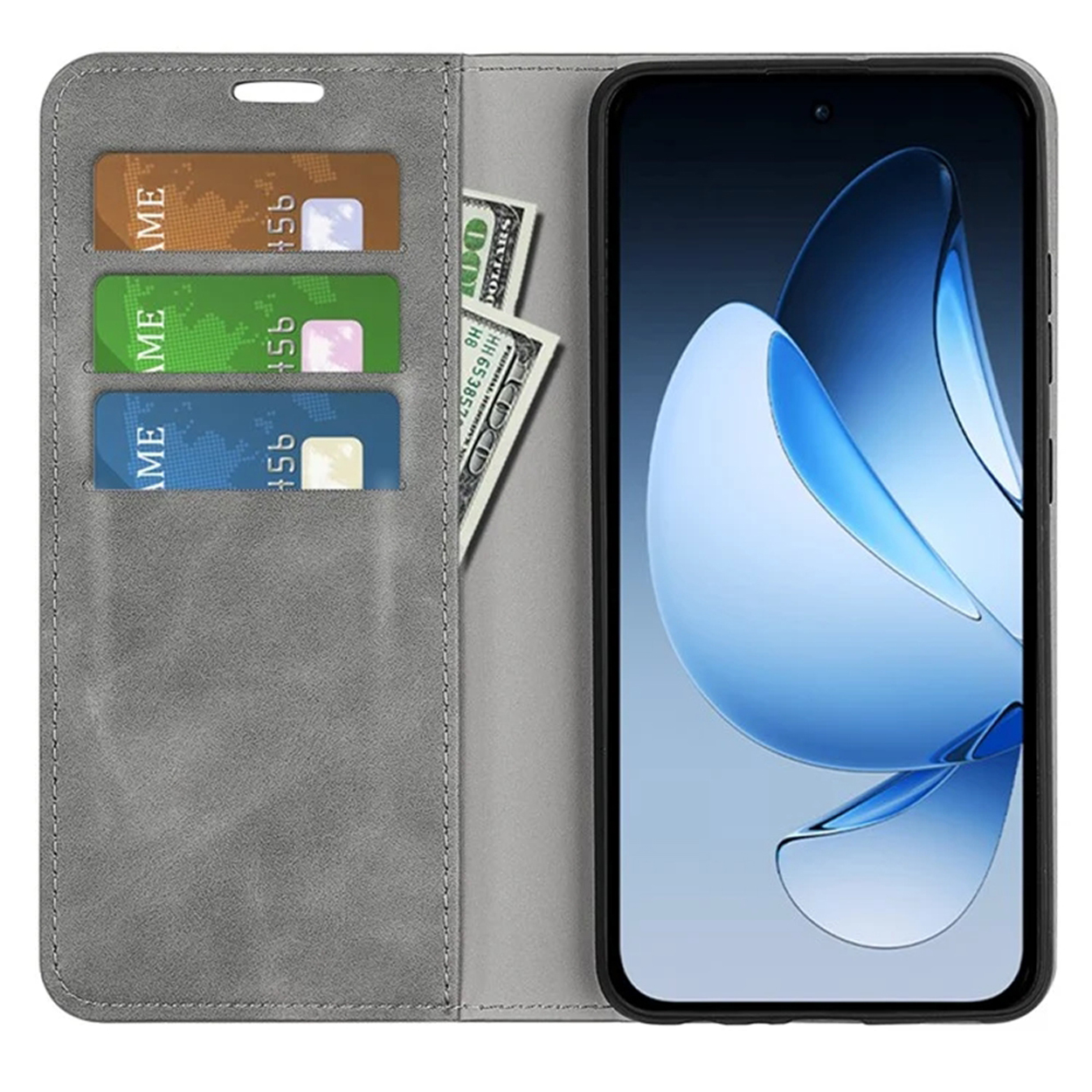 Grijze telefoonhoes open. Toont telefoon, kaarten en contant geld. Hoes is van leerachtig materiaal.