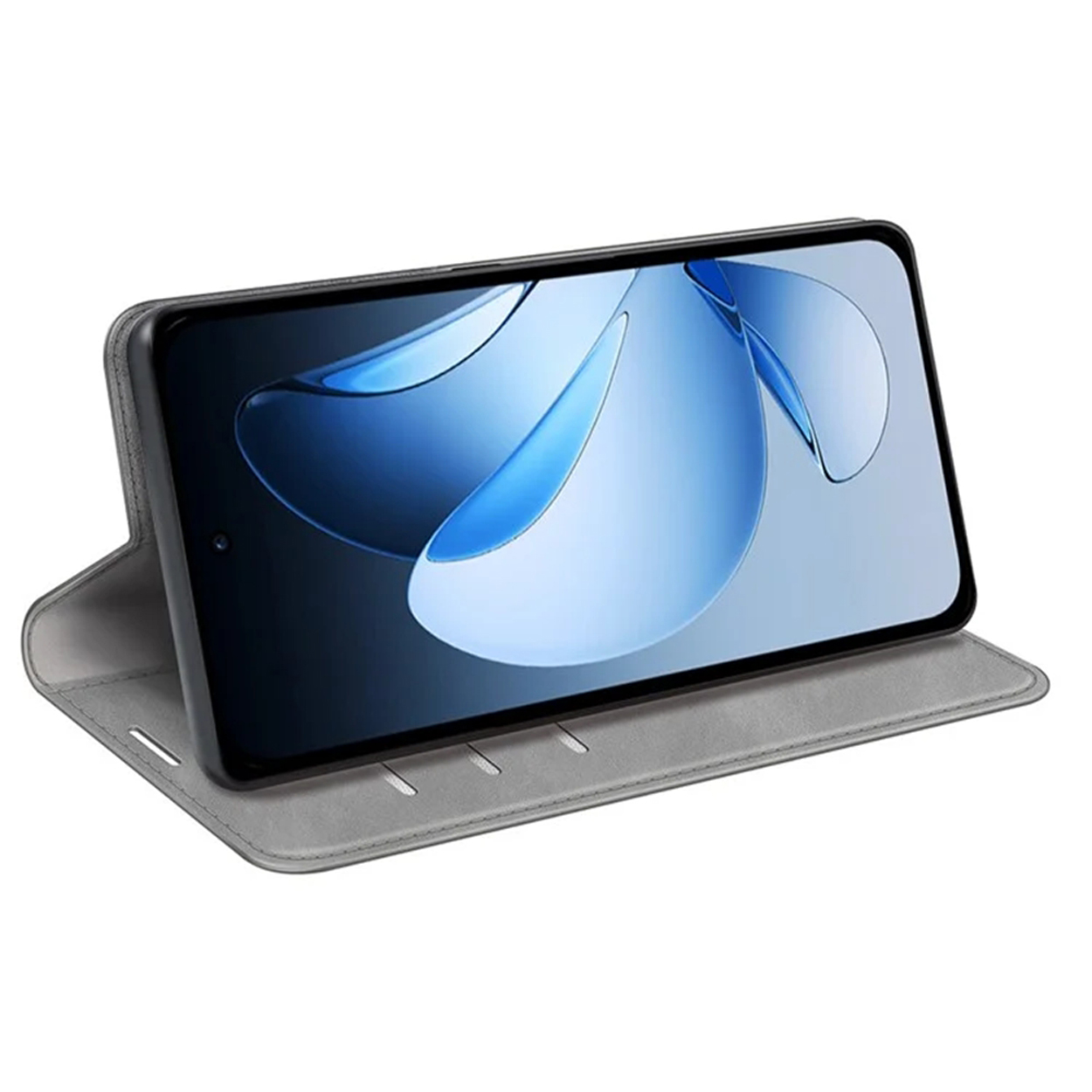 Grijze telefoonhoes. De telefoon toont een blauw en wit beeld. De hoes is open.