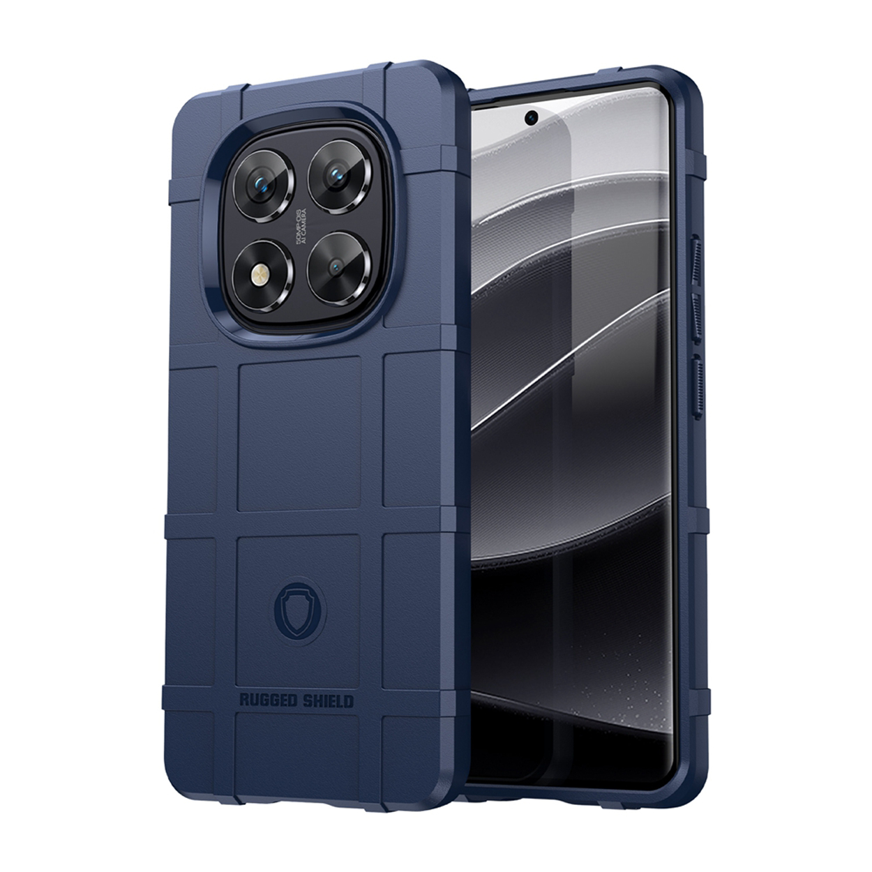Blauwe robuuste telefoonhoes, met uitsparingen voor de camera. Telefoon binnenin. Donkere achtergrond.