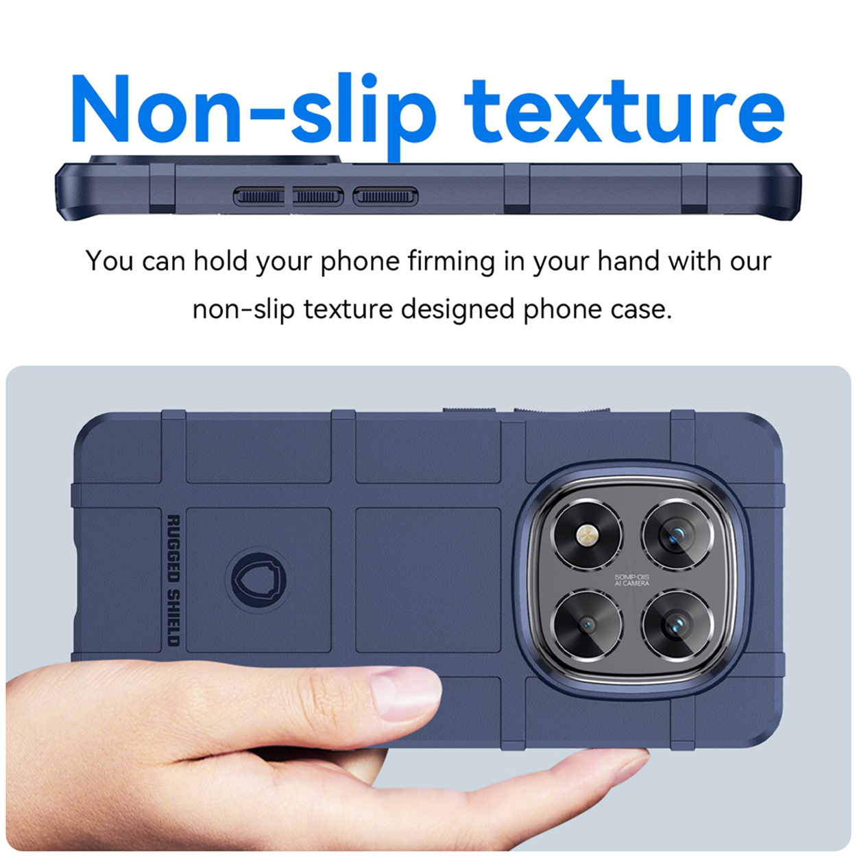Blauwe telefoonhoes met antisliptextuur, een telefoon wordt door een hand vastgehouden.