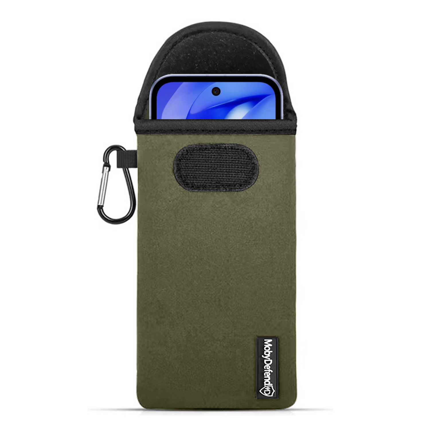 Groene telefoonhoes met telefoon erin. Zwarte bovenkant en zilveren haak.