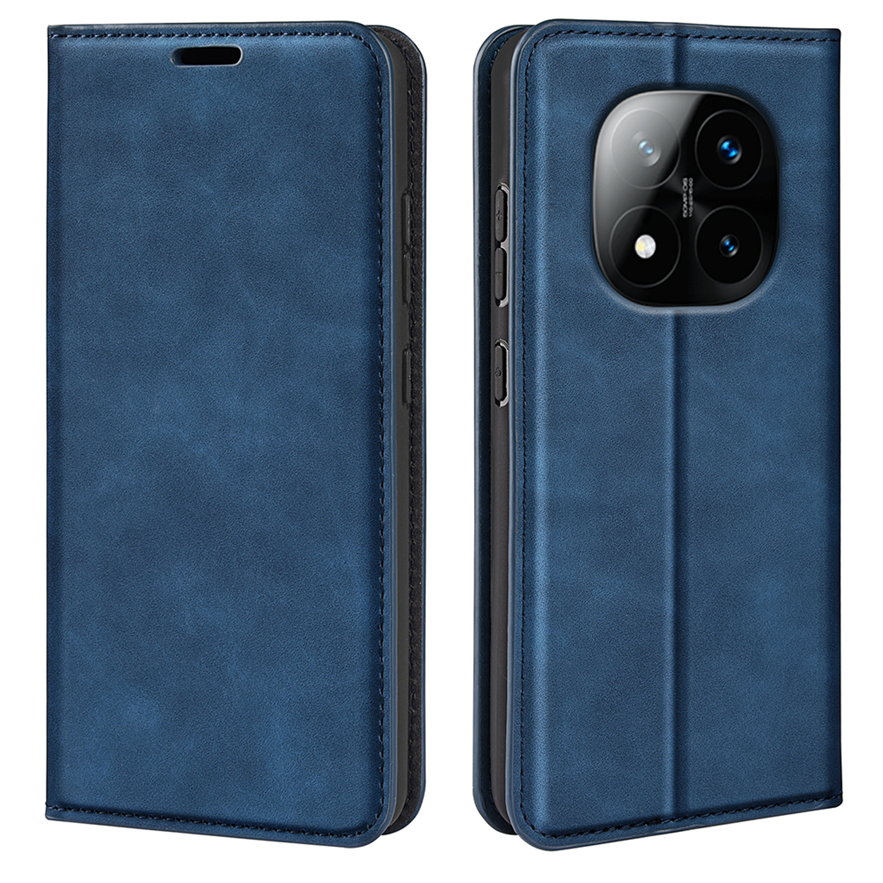 Blauwe leren telefoonhoes, opengeklapt om de telefoon te laten zien.