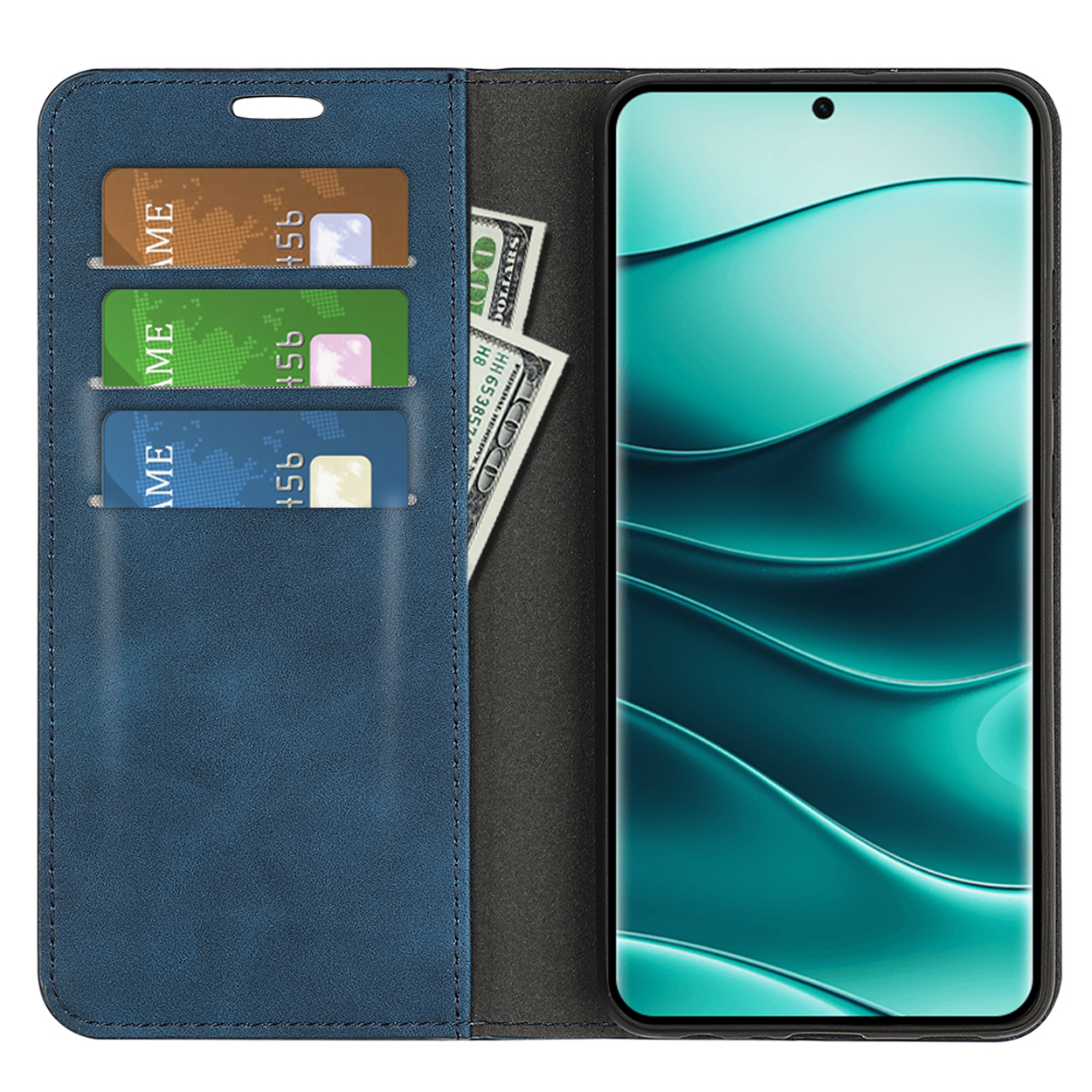 Blauwe telefoonhoes open, met kaarten en geld. Telefoonscherm zichtbaar. Witte achtergrond.