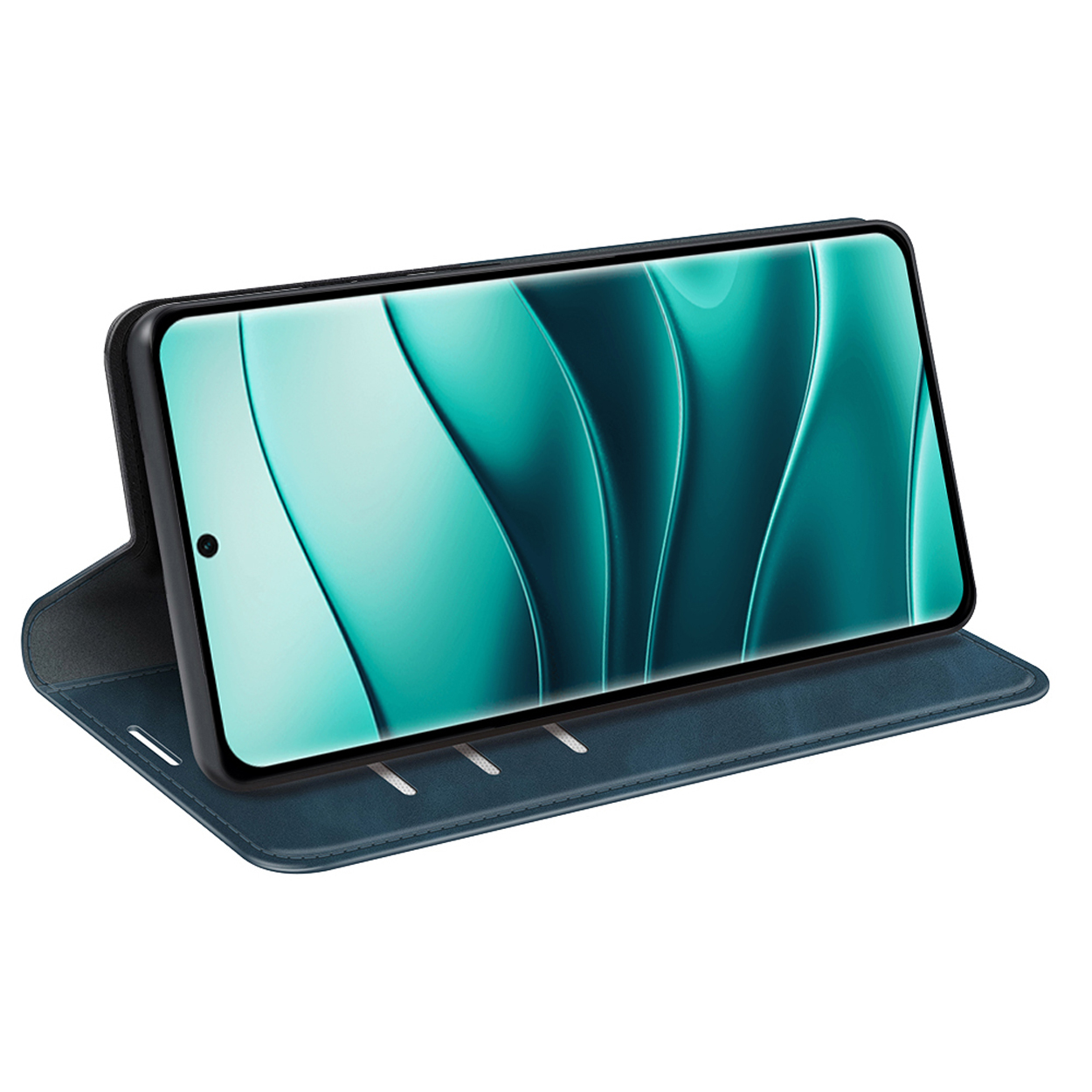 Telefoonhoes, open met telefoon erin. Blauw leerachtig materiaal, scherm naar boven.