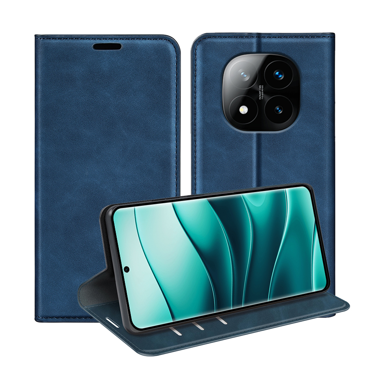 Blauwe telefoonhoes, met telefoon erin, camera zichtbaar. Telefoon opengeklapt. Witte achtergrond.