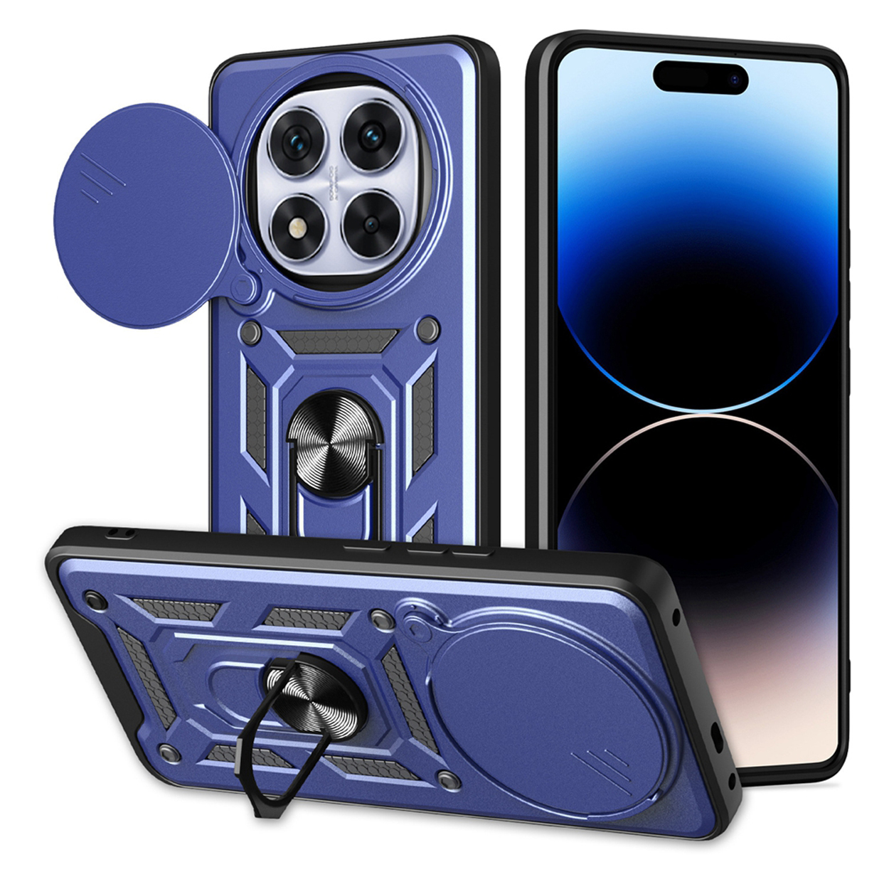 Blauwe telefoonhoes met cameraklep en ringstandaard. Telefoon getoond in hoes. Meerdere weergaven.