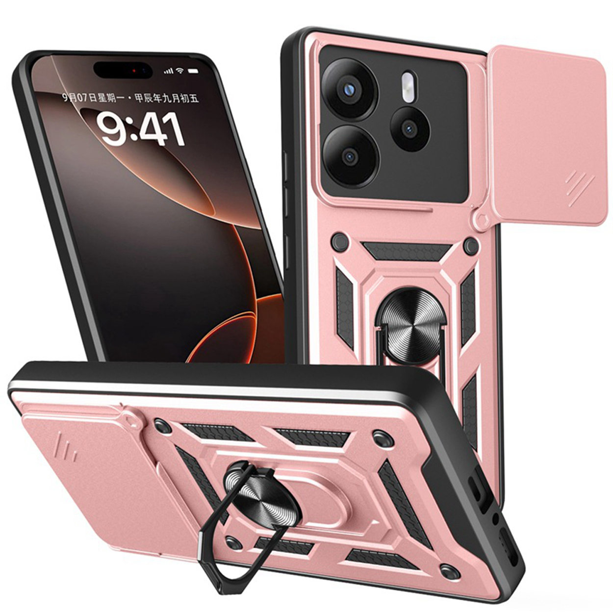 Roze telefoonhoes en telefoon. Cameraklep open. Zilveren ring achter.