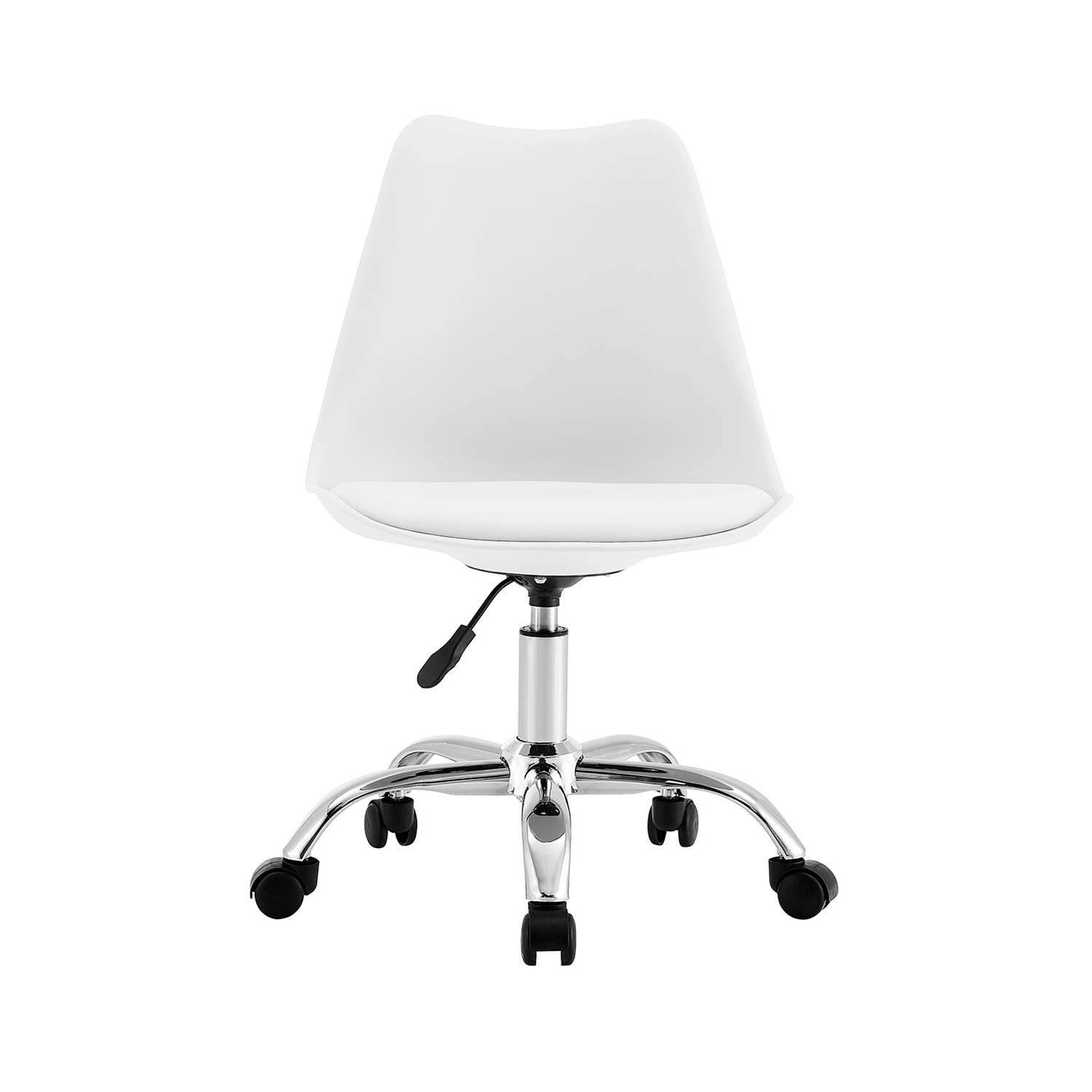 Silla de oficina blanca con base cromada. Fondo blanco.