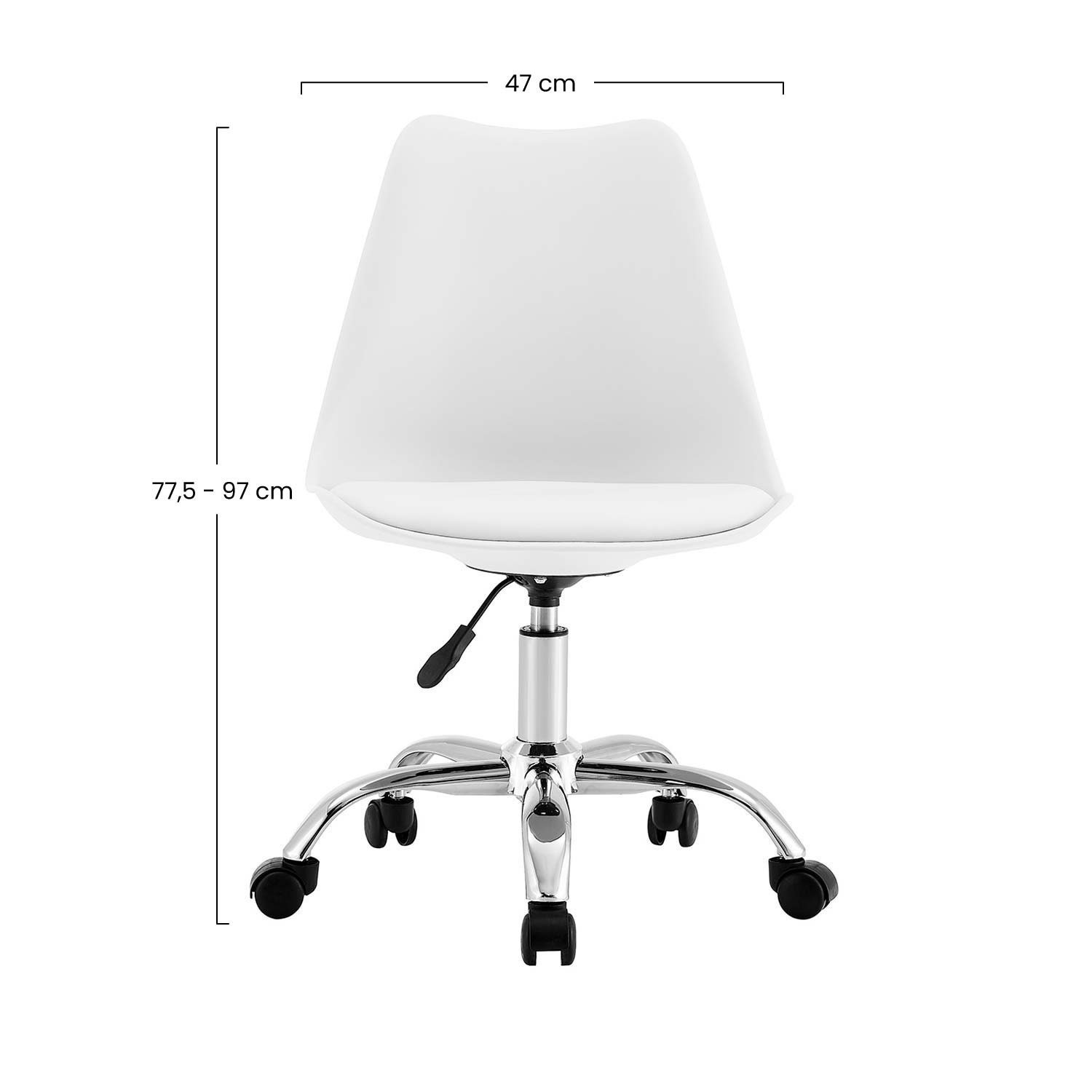 Silla giratoria blanca con base cromada. Mide 47cm x 77.5-97cm. Fondo blanco.