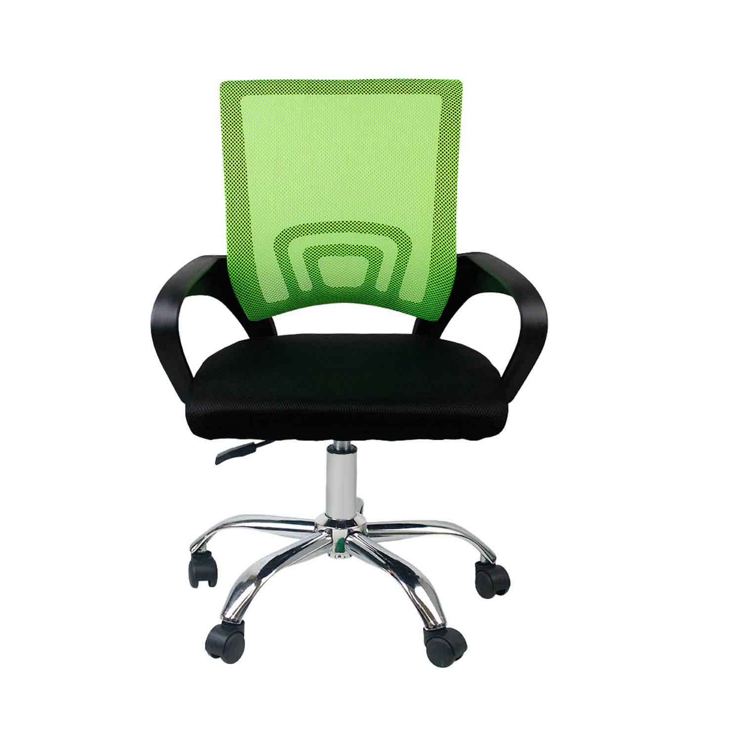 Silla con respaldo de malla verde. Asiento y brazos negros. Base cromada. Fondo blanco.