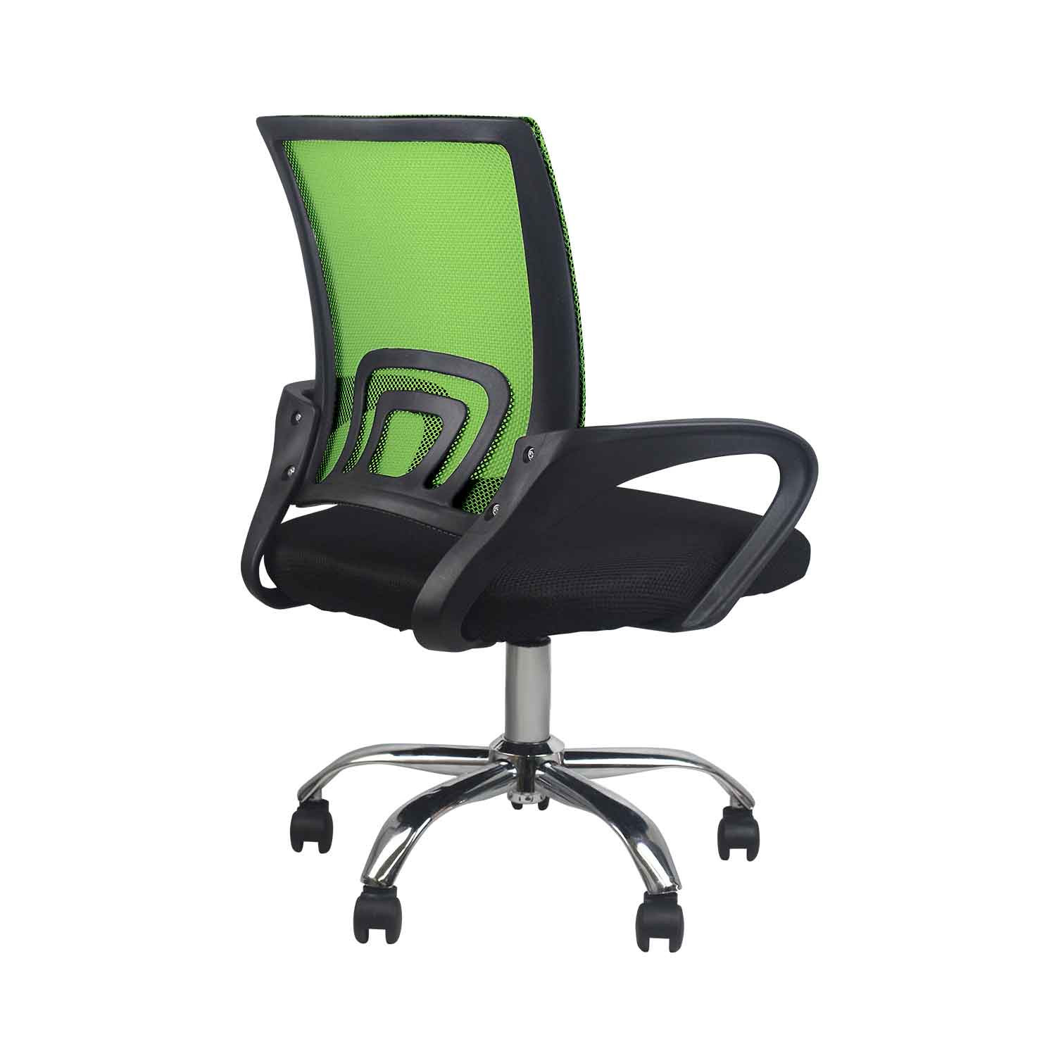 Silla con respaldo de malla verde. Asiento y brazos negros. Base cromada. Fondo blanco.