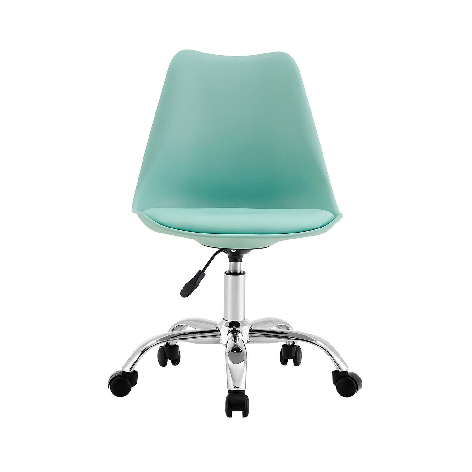Silla de oficina verde menta sobre una base cromada con ruedas. La silla tiene un asiento y respaldo de plástico redondeado.