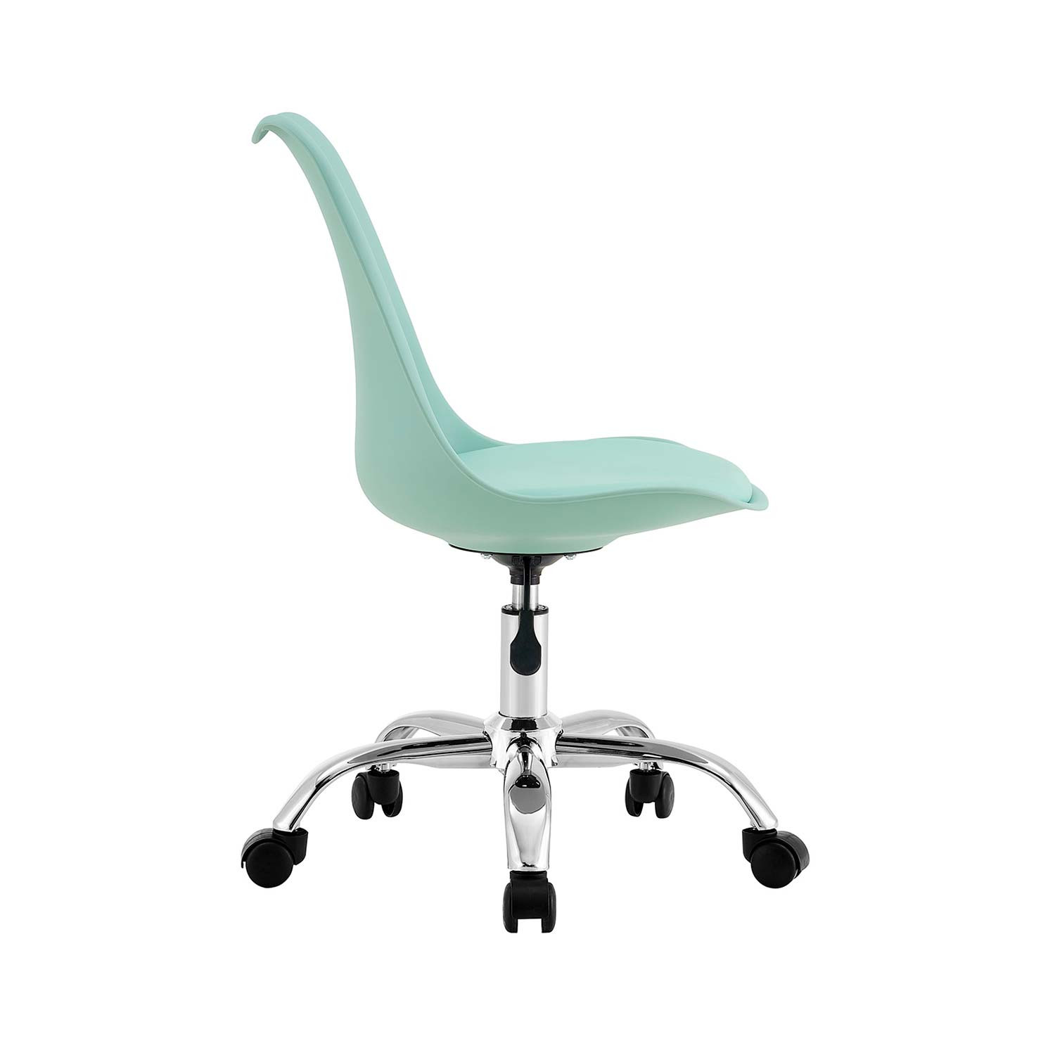 Silla de oficina verde menta. Base cromada con ruedas. Fondo blanco.