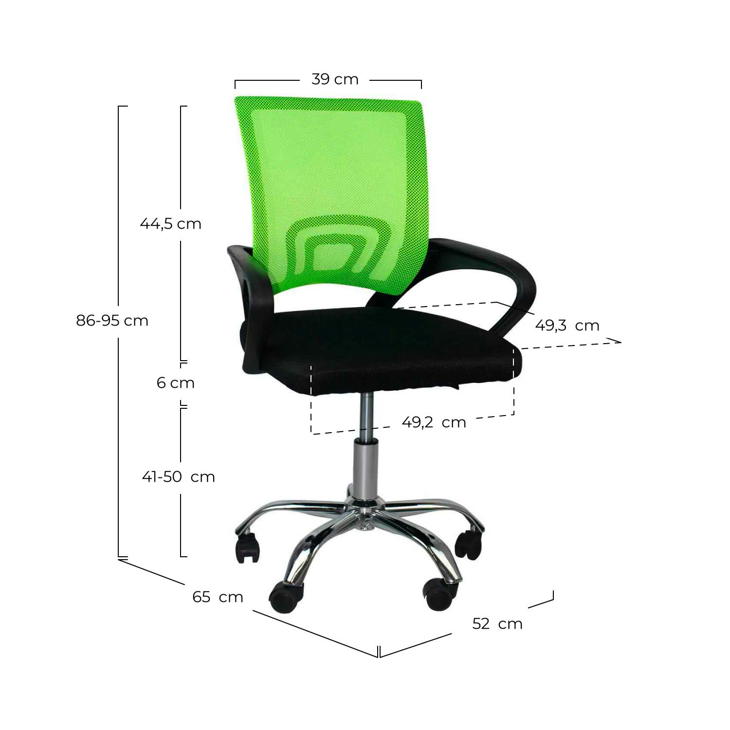 Silla de oficina verde. Respaldo de malla, asiento negro y ruedas. Medidas visibles.