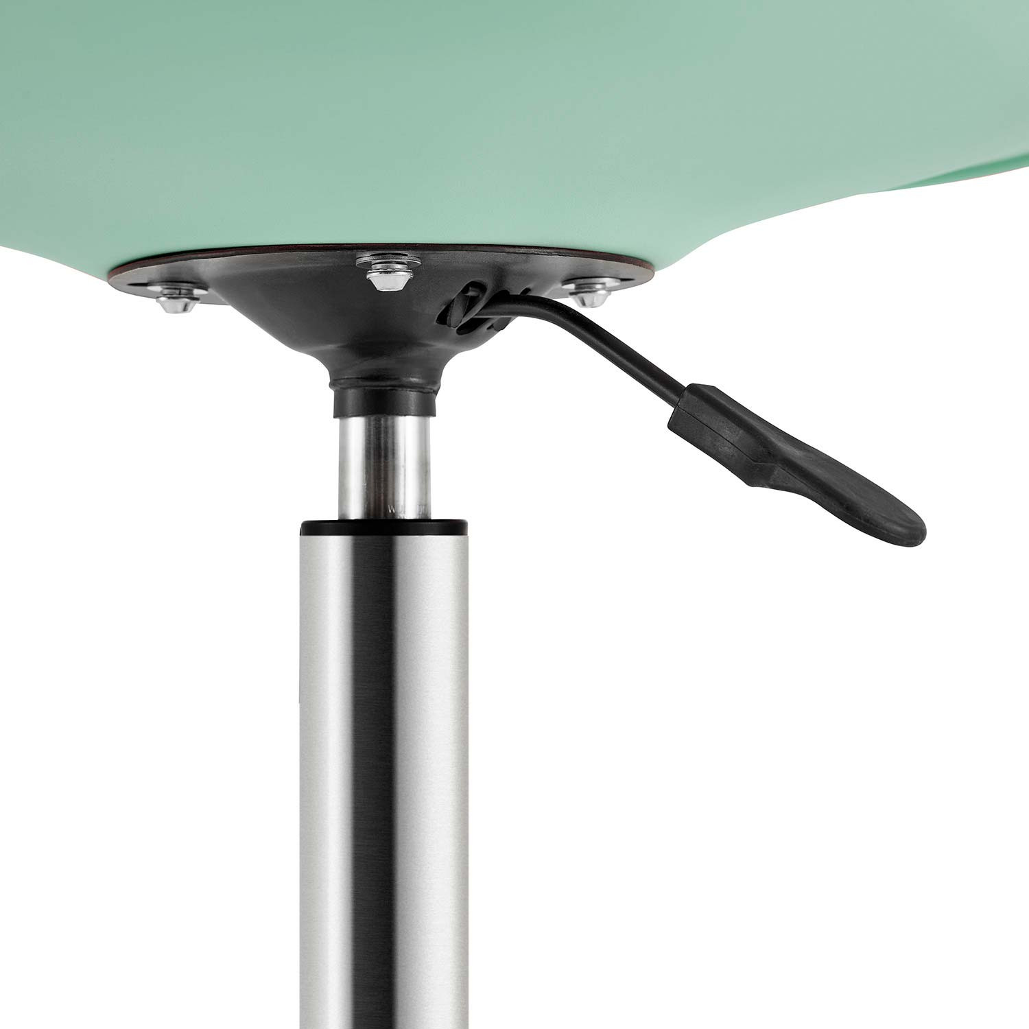 Primer plano del mecanismo de la silla. Asiento verde y manija negra.