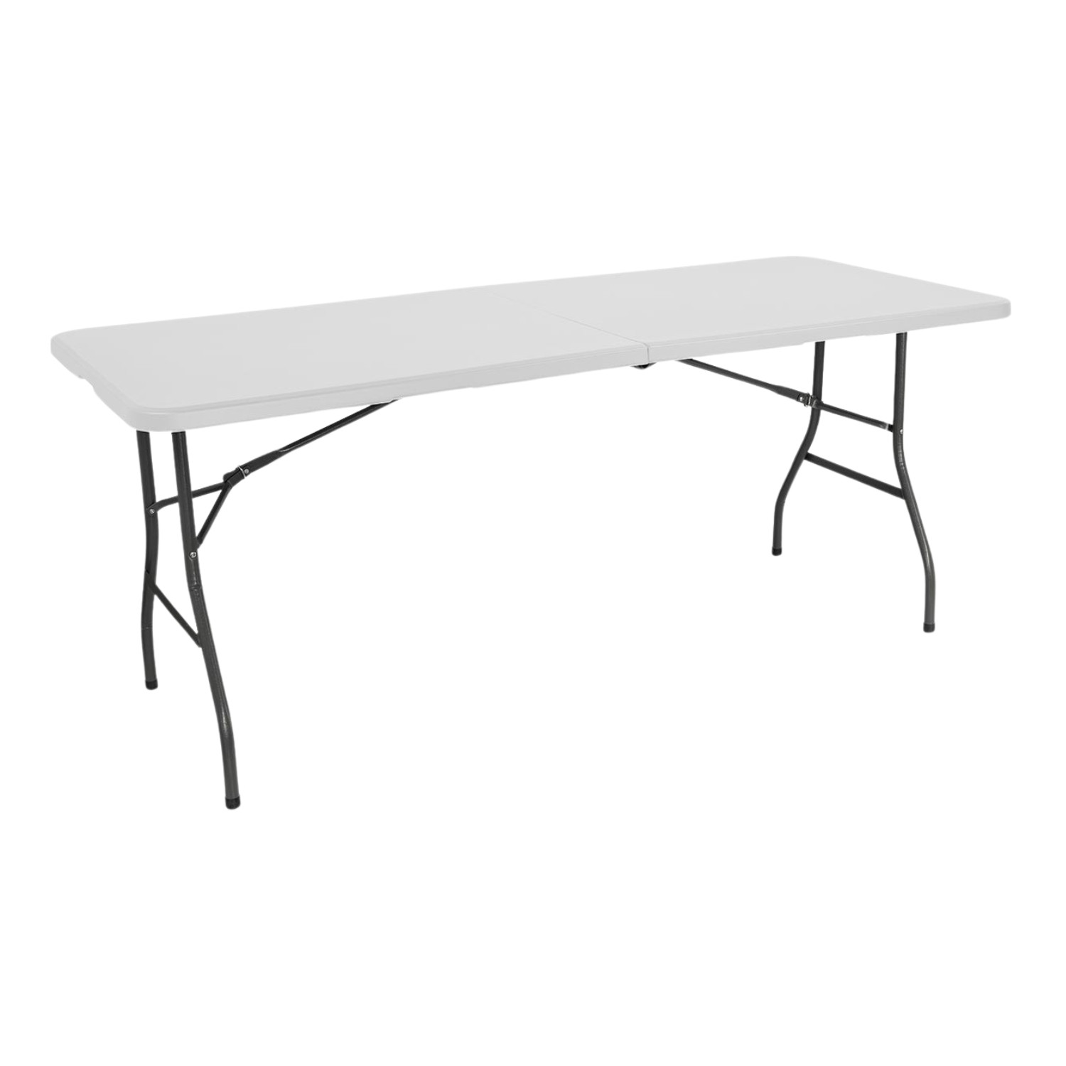 Mesa plegable blanca. Patas negras. Fondo blanco.
