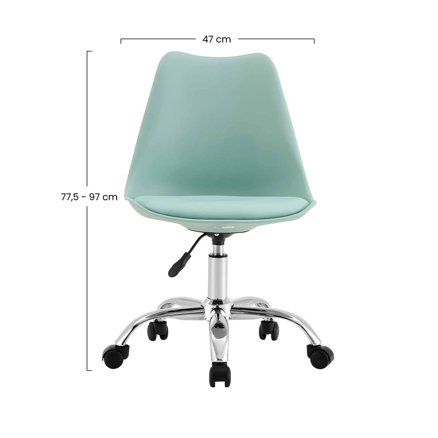 Silla de oficina verde menta sobre base cromada. Se muestran las dimensiones. Fondo blanco.