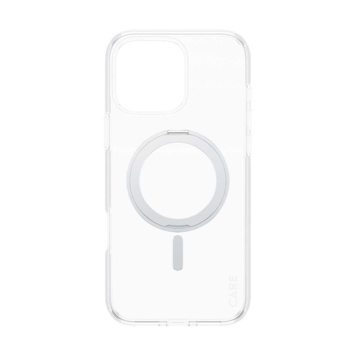 Beyaz MagSafe çemberi ve küçük bir alt kesime sahip şeffaf iPhone kılıfı.