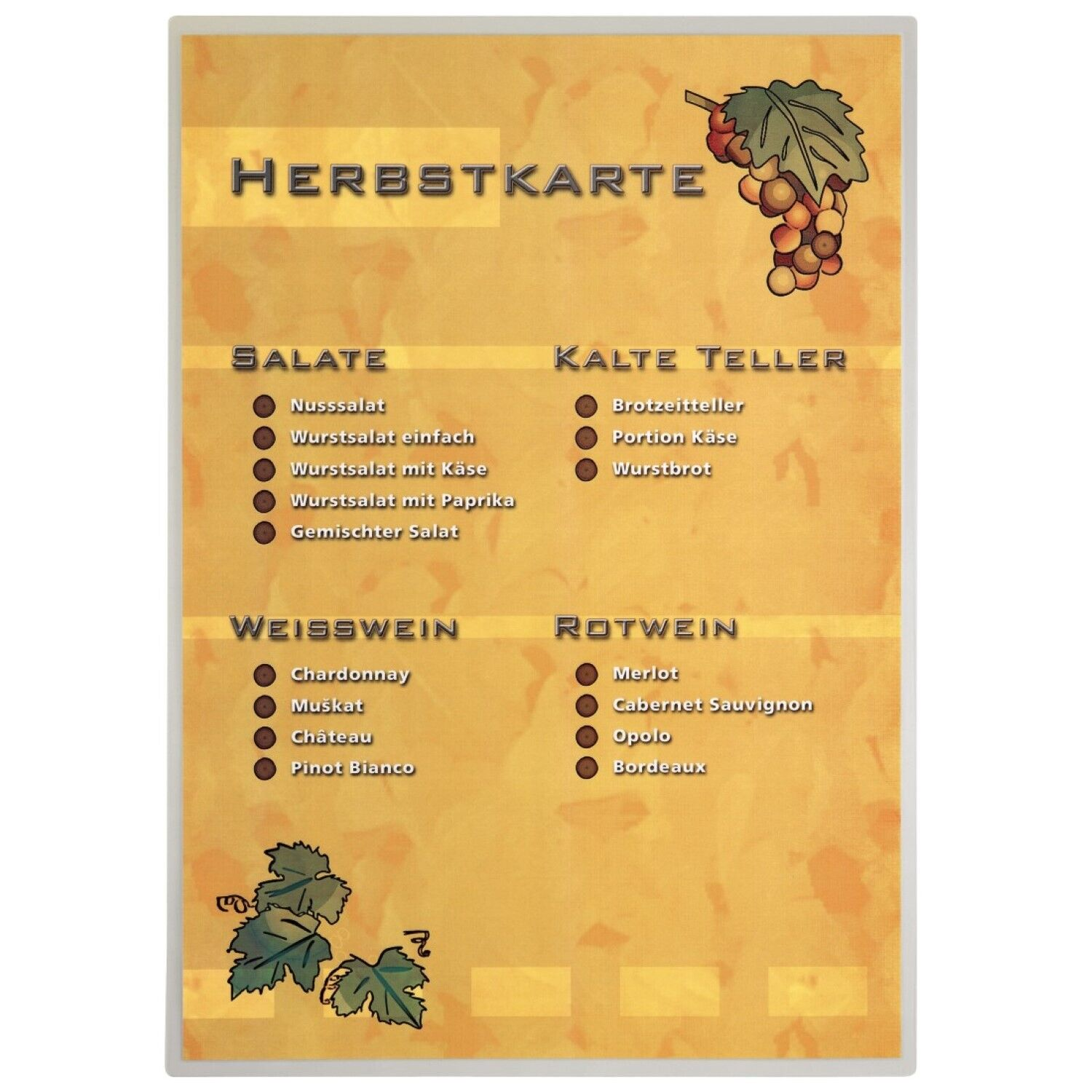 Speisekarte mit Text 'HERBSTKARTE'. Abschnitte für Salate, Weiß- und Rotweine.