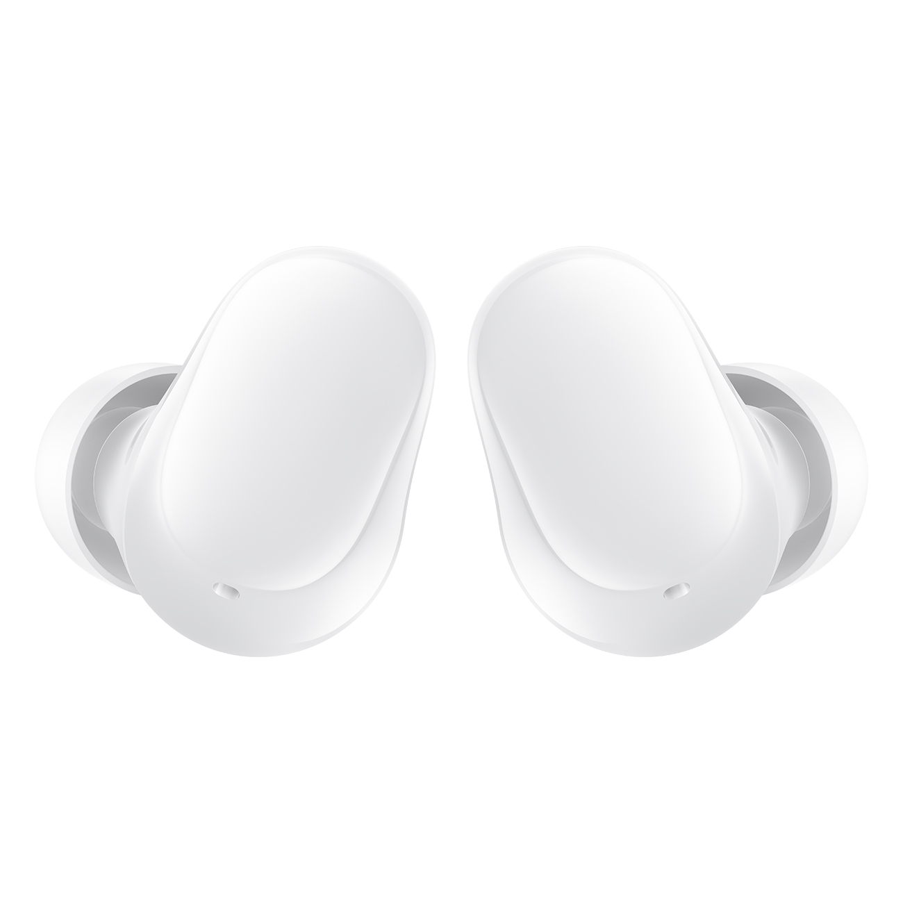 Twee witte oortelefoons geïsoleerd op een witte achtergrond. Elk heeft een klein gaatje.