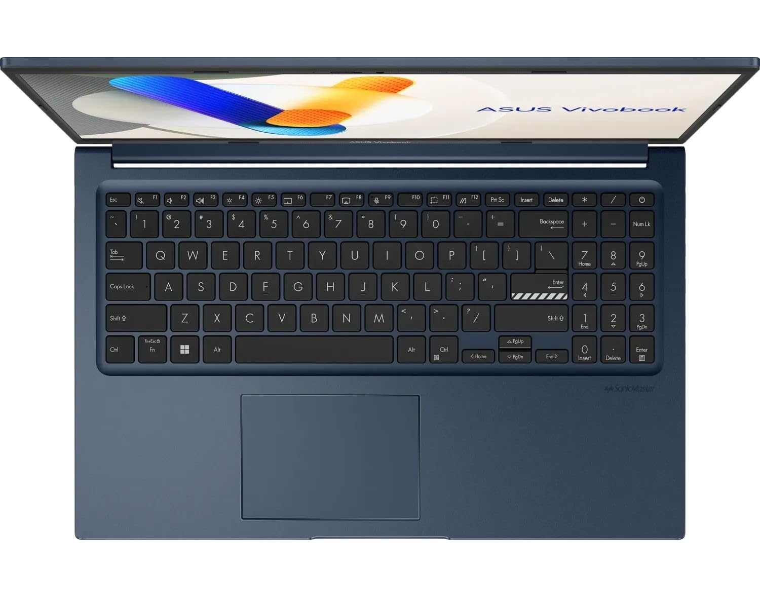 Blauer Laptop mit offenem Bildschirm, der die Tastatur zeigt. Das ASUS Vivobook-Logo ist sichtbar.