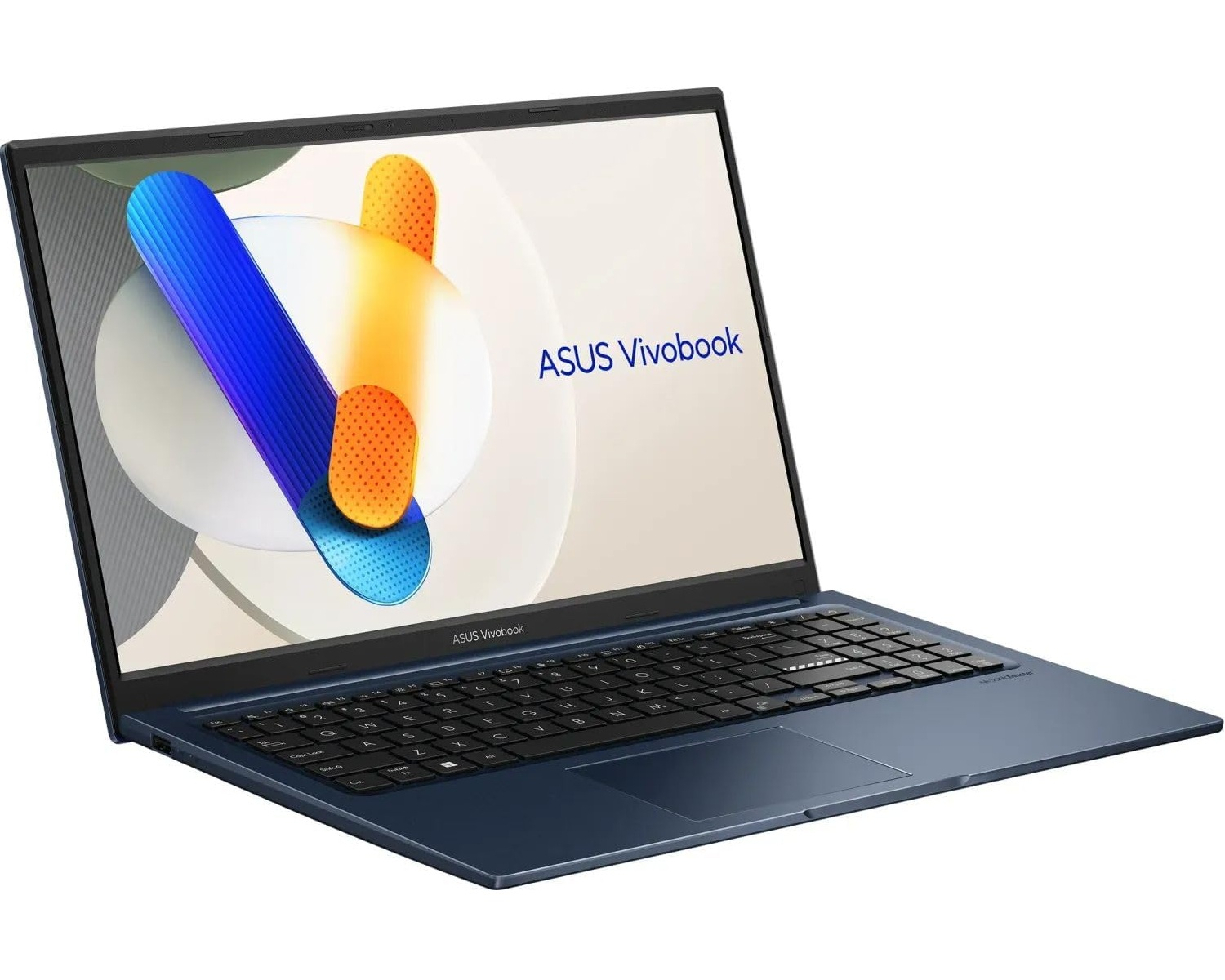 Blauer Laptop mit dem ASUS Vivobook-Logo auf dem Bildschirm. Die Tastatur ist sichtbar.