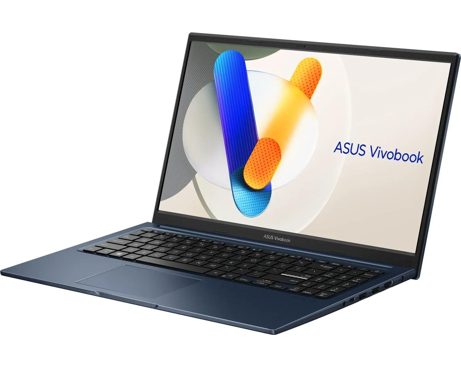 Blauer Laptop mit dem ASUS Vivobook-Logo auf dem Bildschirm. Der Bildschirm zeigt abstrakte Formen.