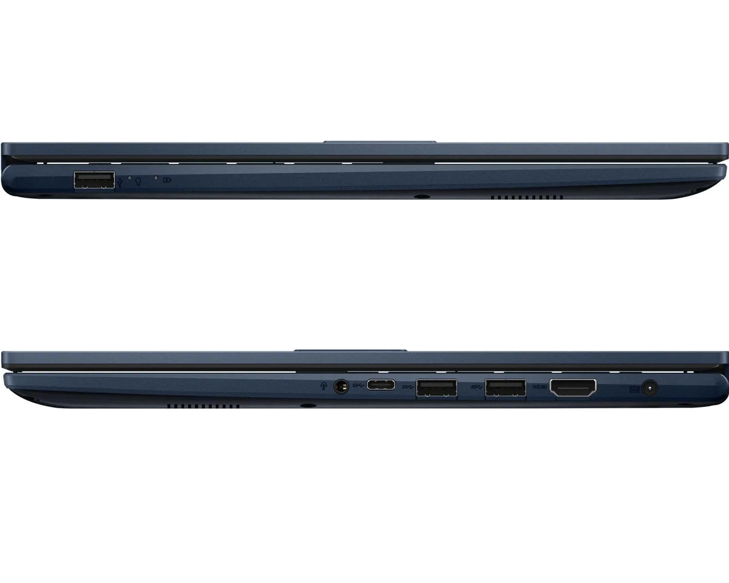 Zwei Ansichten eines blauen Laptops mit sichtbaren Anschlüssen. Der Laptop ist geschlossen.