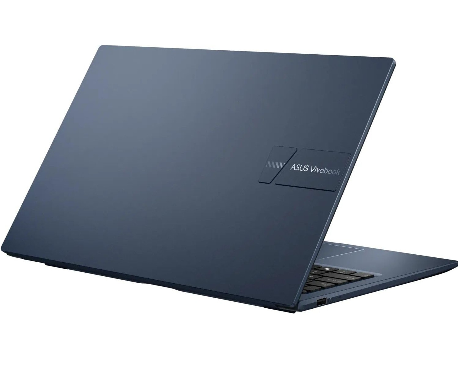 Blauer Laptop mit ASUS Vivobook-Logo. Der Laptop ist geschlossen, die Rückseite ist sichtbar.
