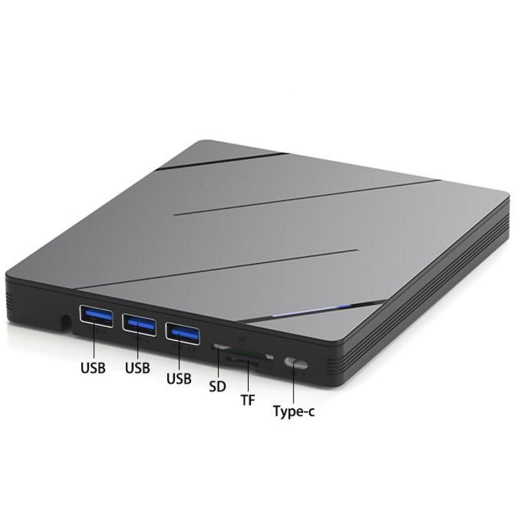 Ein schwarzes quadratisches Gerät mit USB-, SD-, TF- und Typ-C-Anschlüssen. Es hat eine dunkle Oberfläche.
