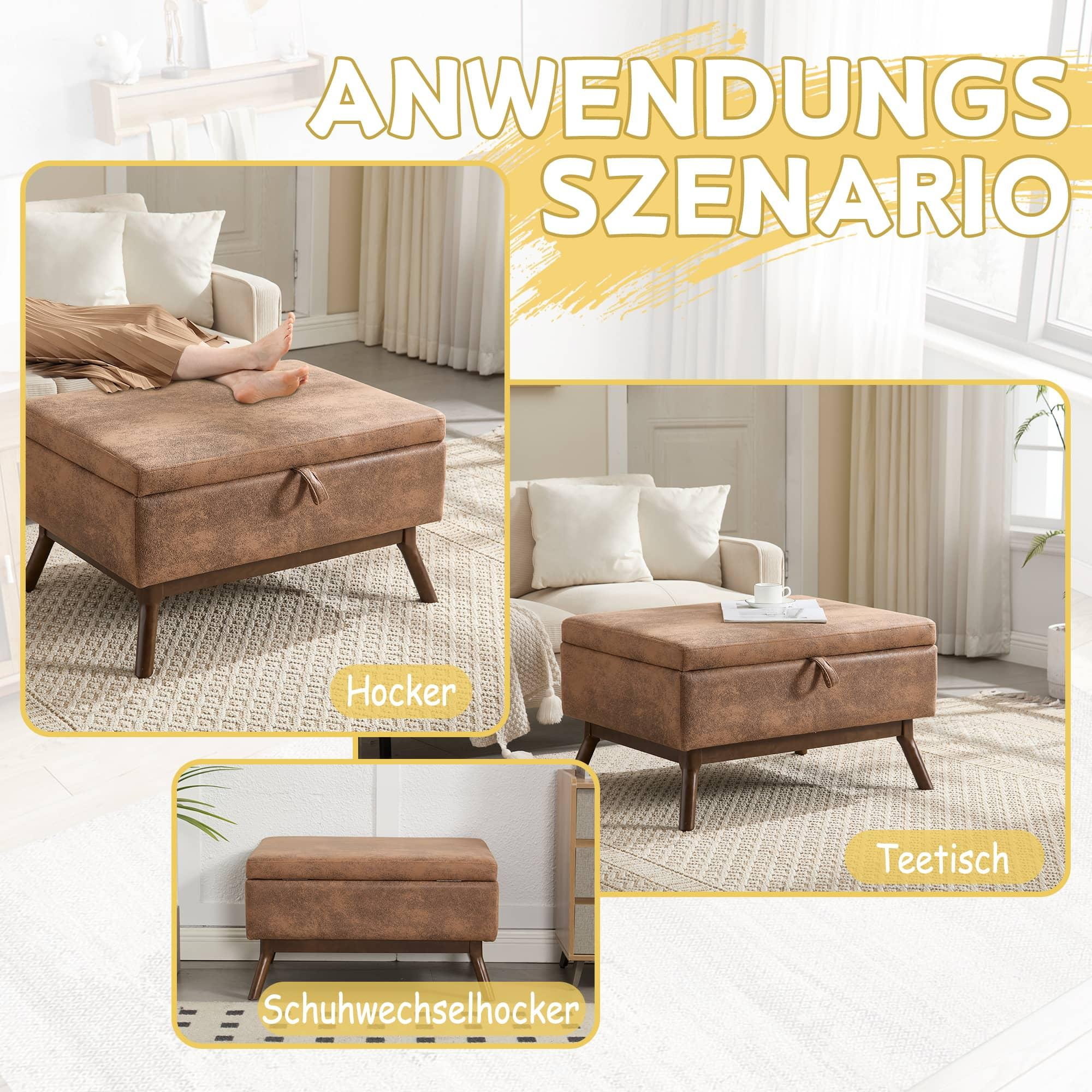 Aufbewahrungs-Hocker in verschiedenen Heimeinstellungen. Er ist braun, quadratisch und hat eine flache Oberseite. Kann Hocker oder Tisch sein.