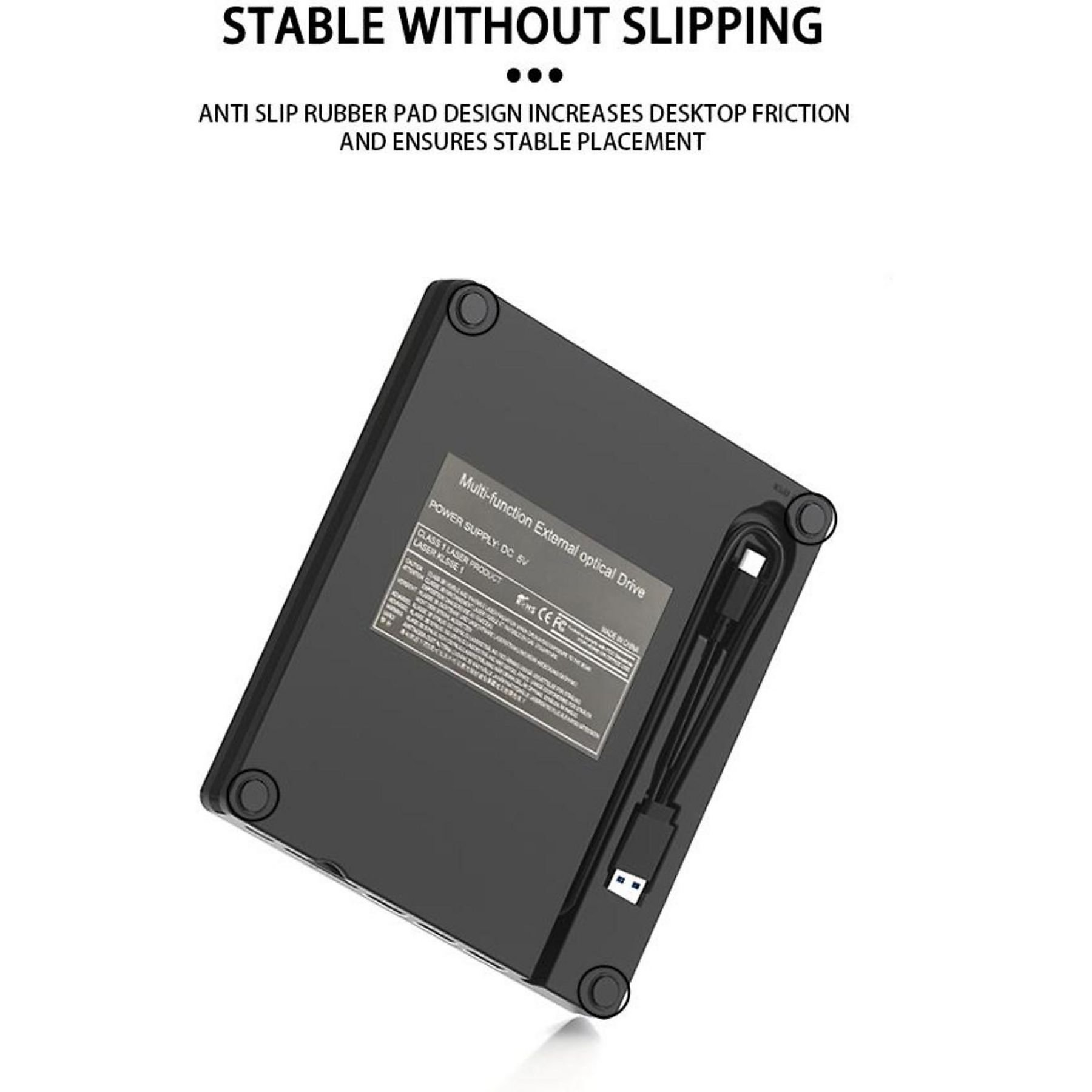 Multifunktionales externes optisches Laufwerk auf weißer Oberfläche. Schwarze Farbe. Es hat Anti-Rutsch-Pads. USB-Kabel ist angeschlossen.