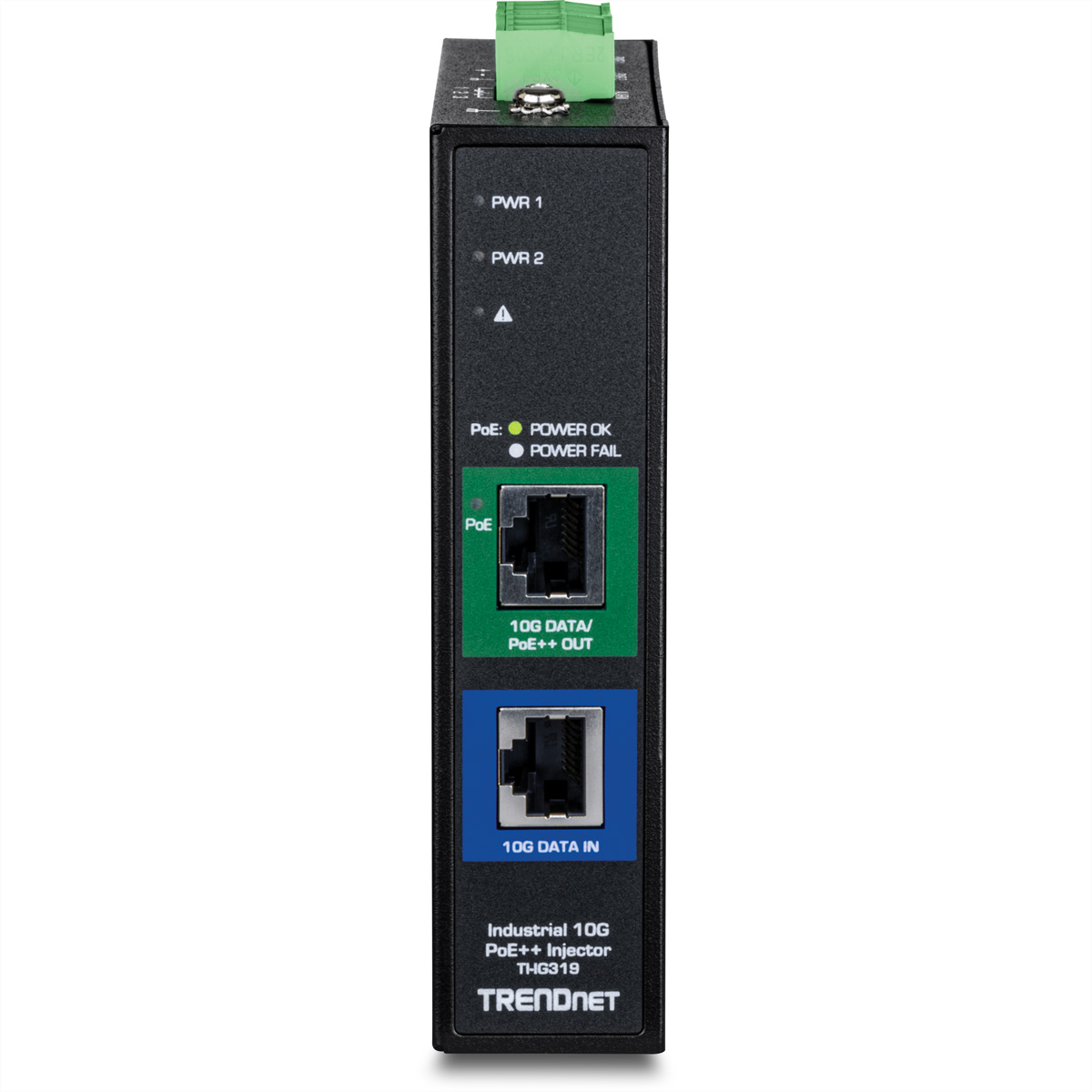 Schwarzes und grünes elektronisches Gerät mit beschrifteten Anschlüssen. Es steht 'PoE' und '10G DATA/PoE++ OUT' und '10G DATA IN'.