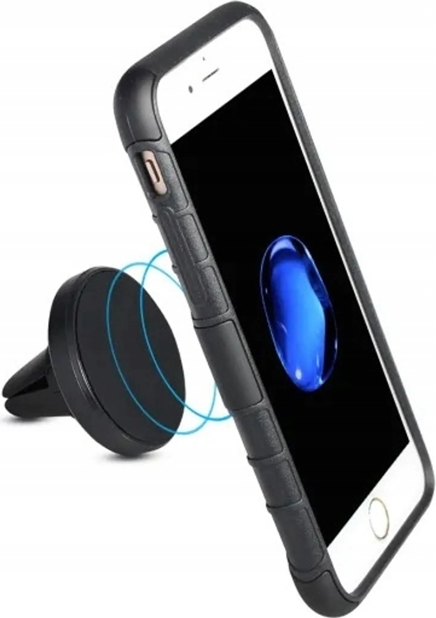 Ein Telefon in einer schwarzen Hülle, befestigt an einer Lüftungshalterung, mit blauem Magnetfeld.