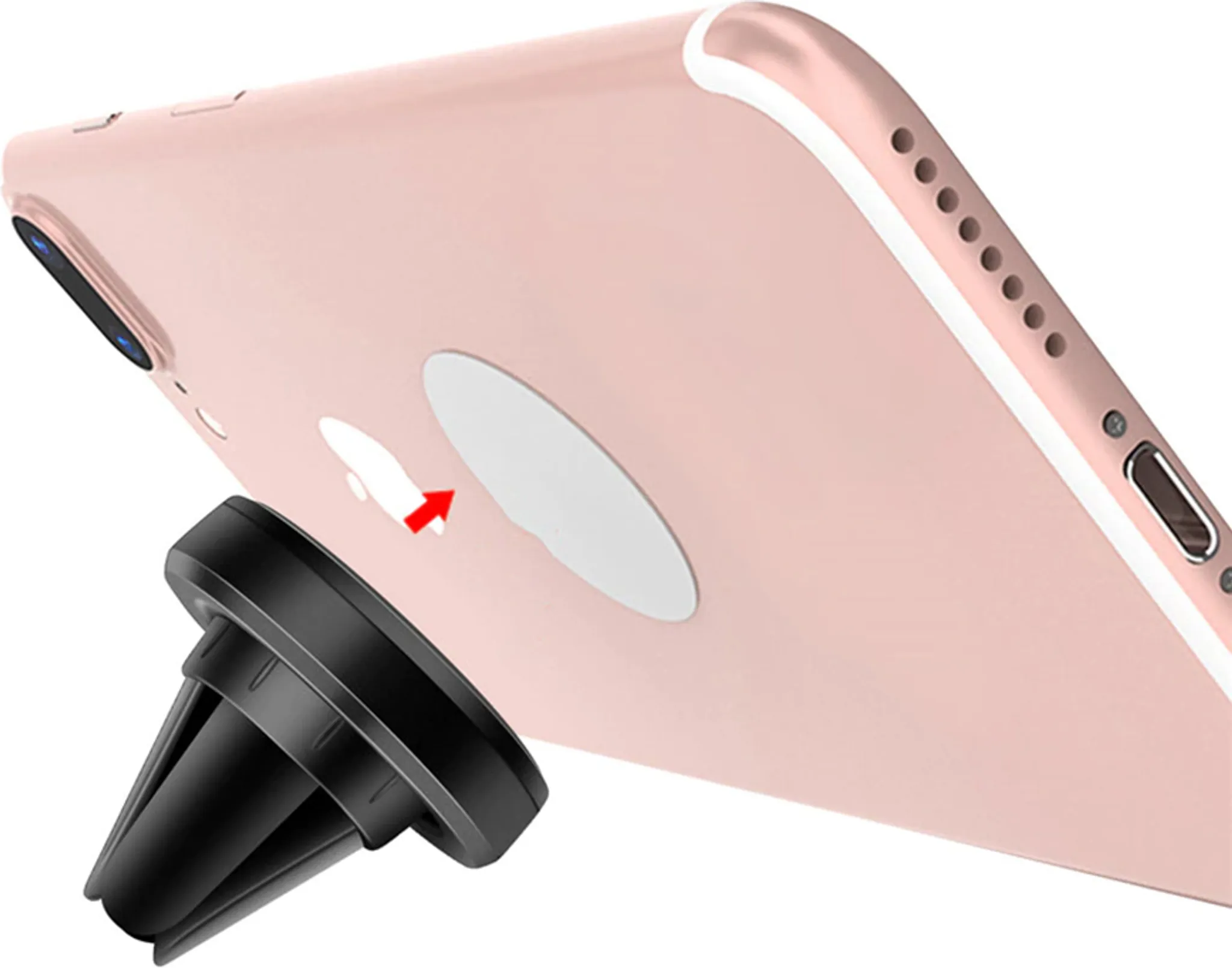 Ein Telefon mit einem magnetischen Aufsatz auf der Rückseite und eine Lüftungshalterung für das Auto. Das Telefon ist rosa.