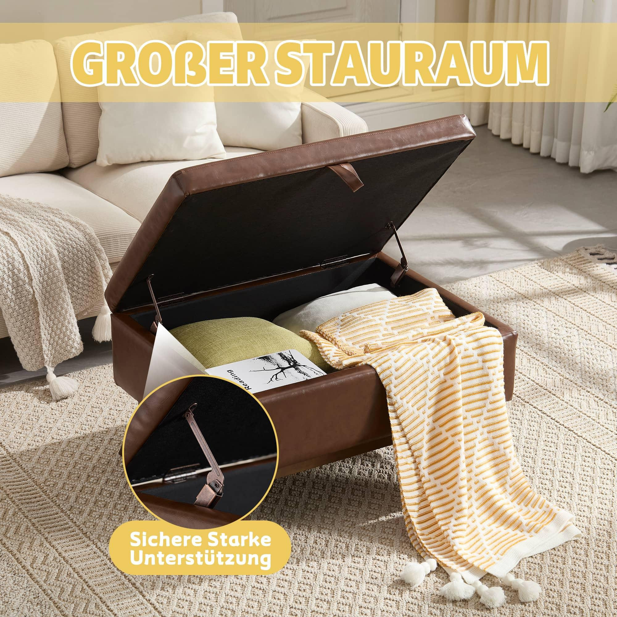 Geöffnete braune Aufbewahrungshocker mit gelber Decke und Kissen. Eine Detailansicht des Scharniers wird gezeigt.