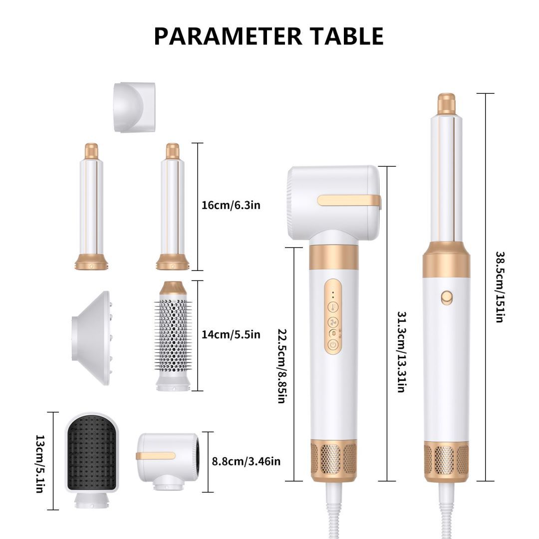 Diagramm eines Haarstyling-Tools und seiner verschiedenen Aufsätze. Abmessungen werden angezeigt.