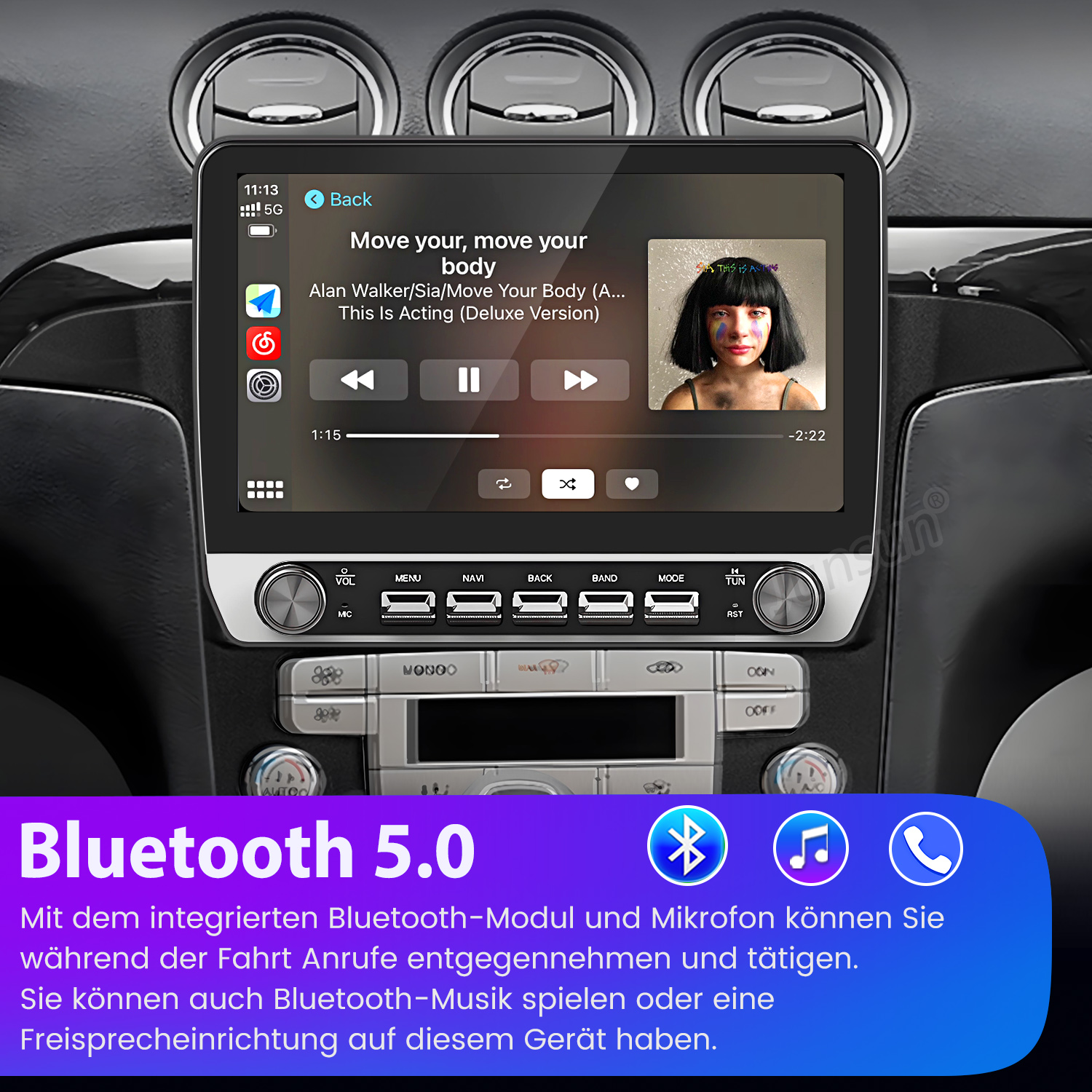 Auto-Armaturenbrett mit einem Bildschirm, der Musik abspielt, und einem Bluetooth 5.0-Text mit Symbolen.