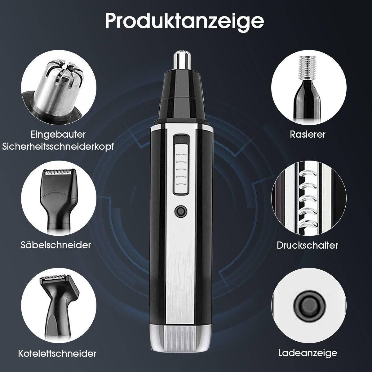 Produktdarstellung eines Nasenhaartrimmers und seiner verschiedenen Aufsätze, beschriftet auf Deutsch.