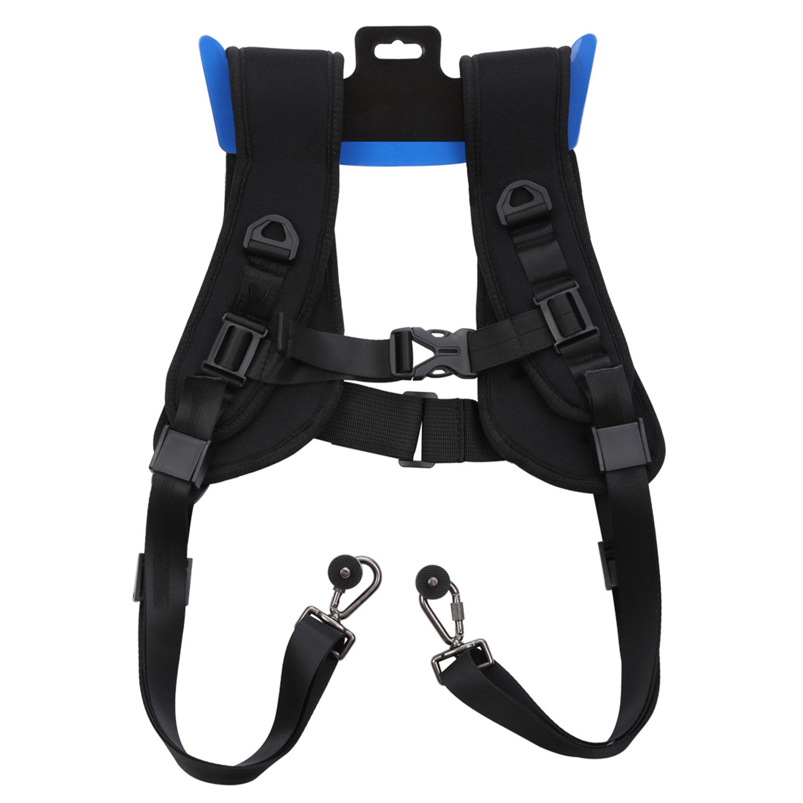 Kameragurtzeug mit blauer Stütze. Riemen und Clips. Weißer Hintergrund.
