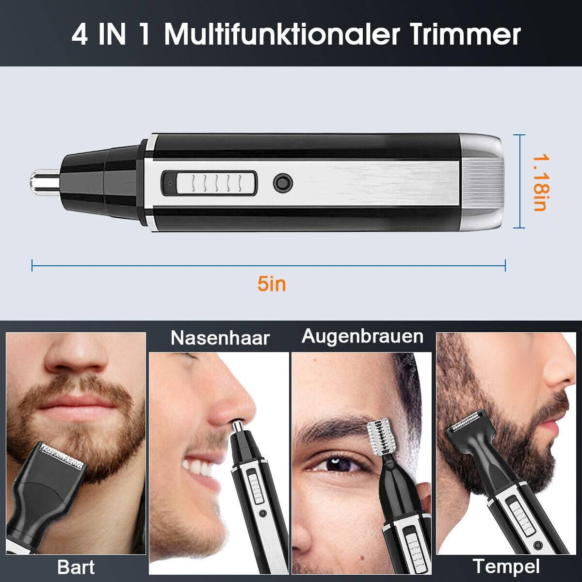 Ein 4-in-1 multifunktionaler Trimmer mit verschiedenen Aufsätzen für Bart, Augenbrauen usw., mit Abmessungen.