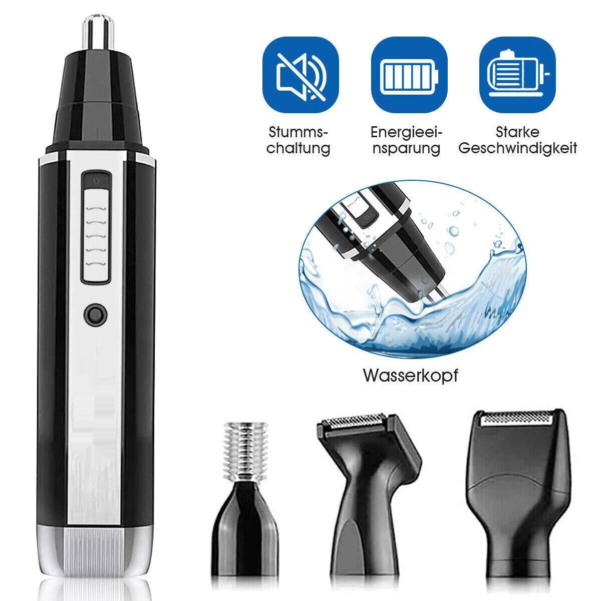 Schwarzer und silberner Nasenhaartrimmer mit mehreren Aufsätzen. Icons zeigen Geräuschreduzierung, Batterie und hohe Geschwindigkeit.