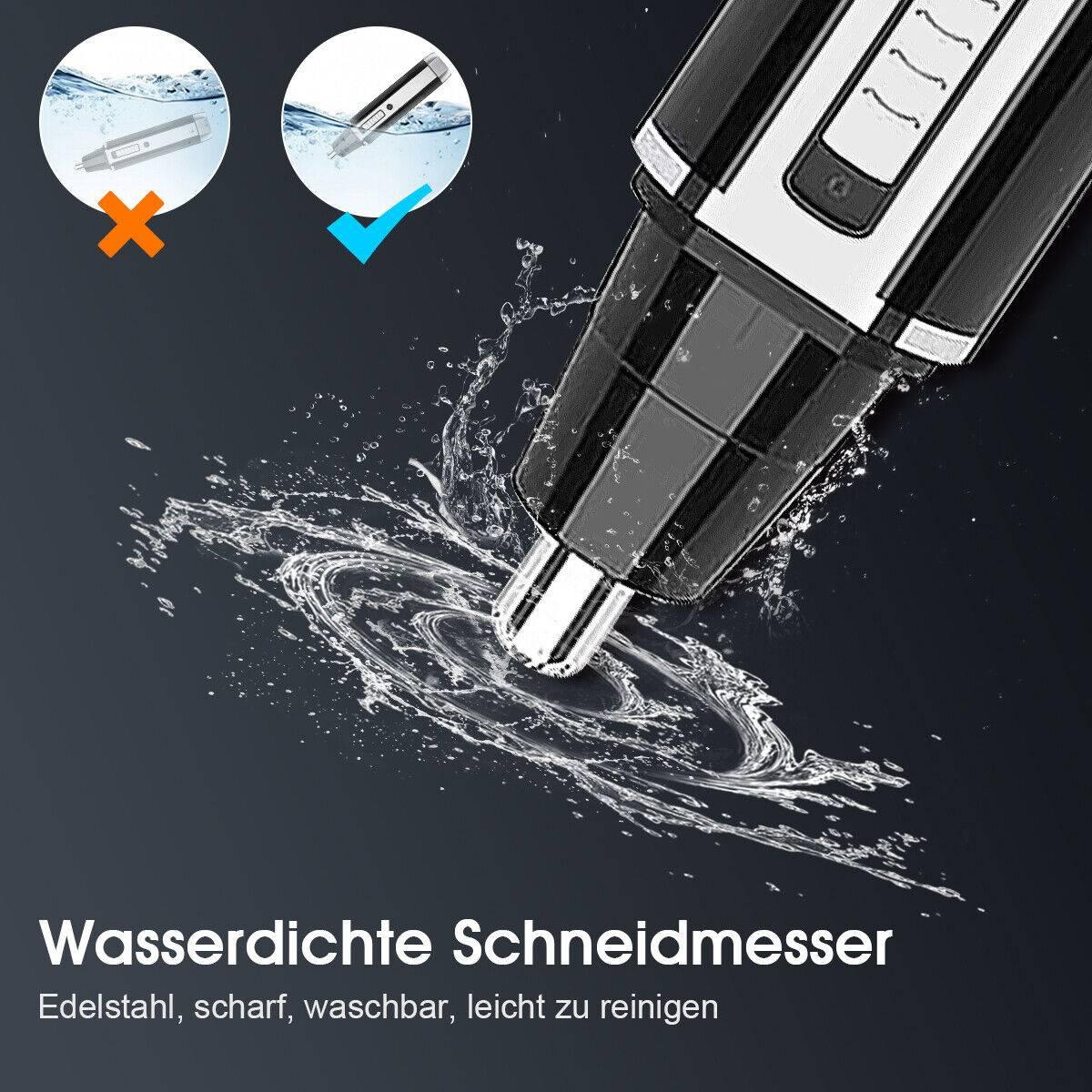 Nahaufnahme eines Nasenhaartrimmers mit Wassertröpfchen. Reinigungsmethode zeigend.