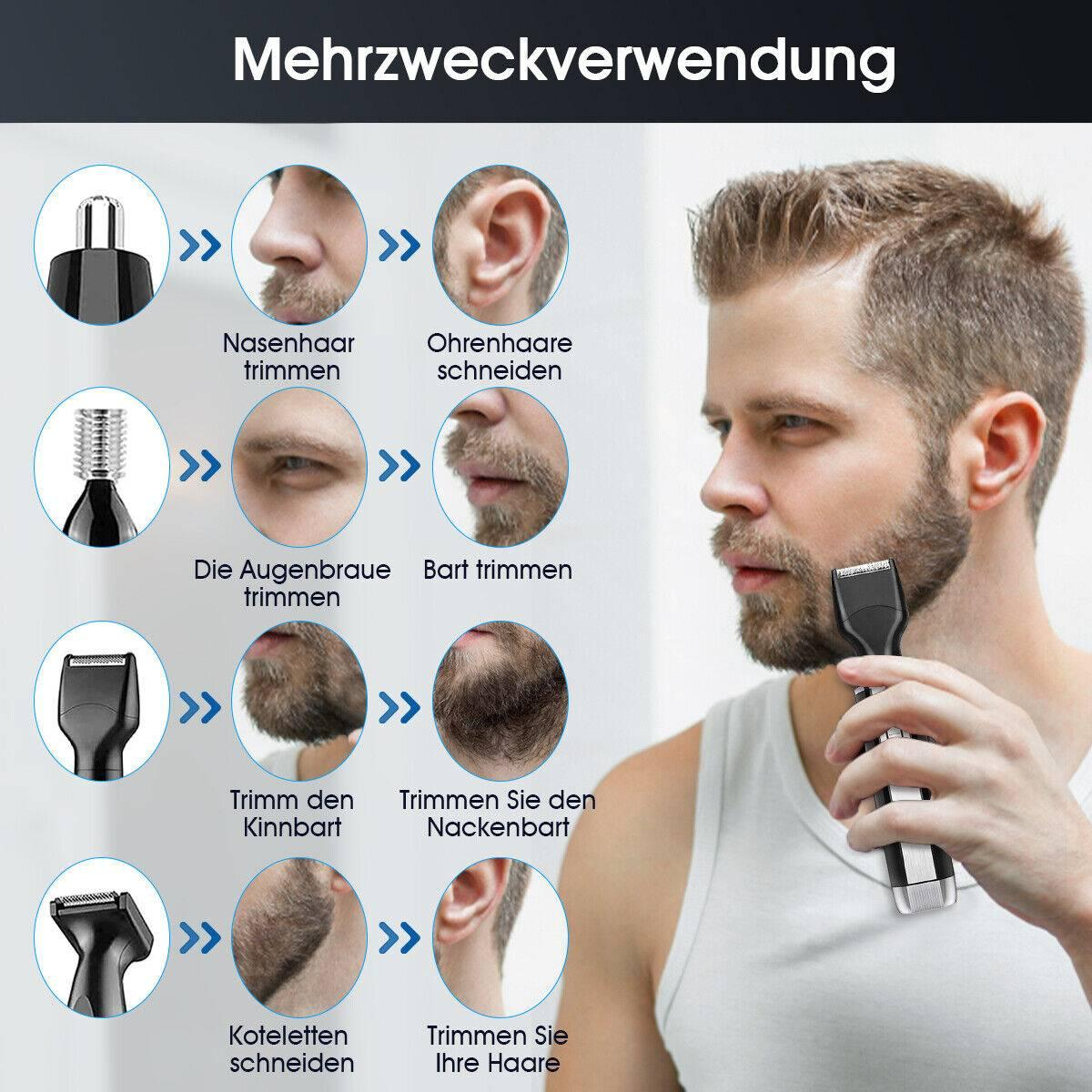 Mann benutzt Mehrzweckwerkzeug im Gesicht. Trimmte Nase, Augenbrauen, Bart, Koteletten.