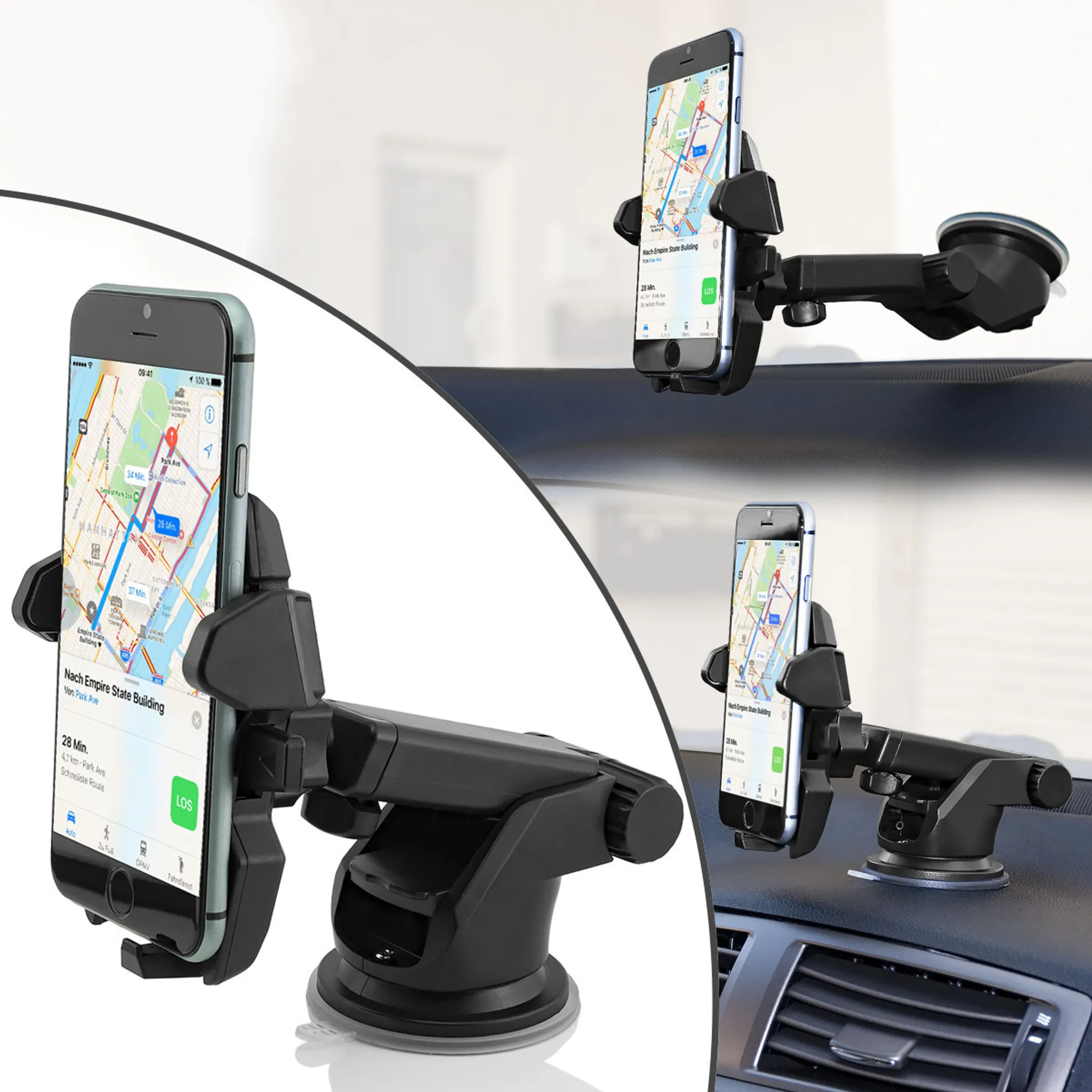 Drei Fotos eines schwarzen Telefonhalters, der in einem Auto montiert ist. Das Telefon zeigt eine Karte.