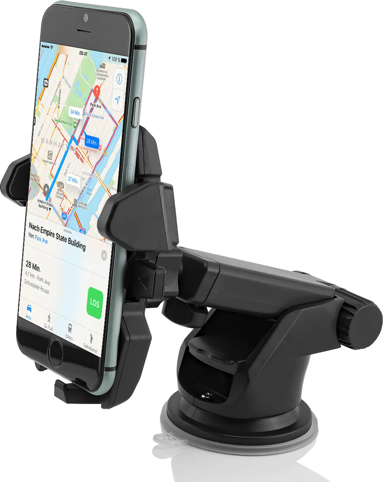 Schwarzer Telefonhalter im Auto. Das Telefon zeigt eine Karte mit Wegbeschreibungen. Es ist an der Windschutzscheibe befestigt.